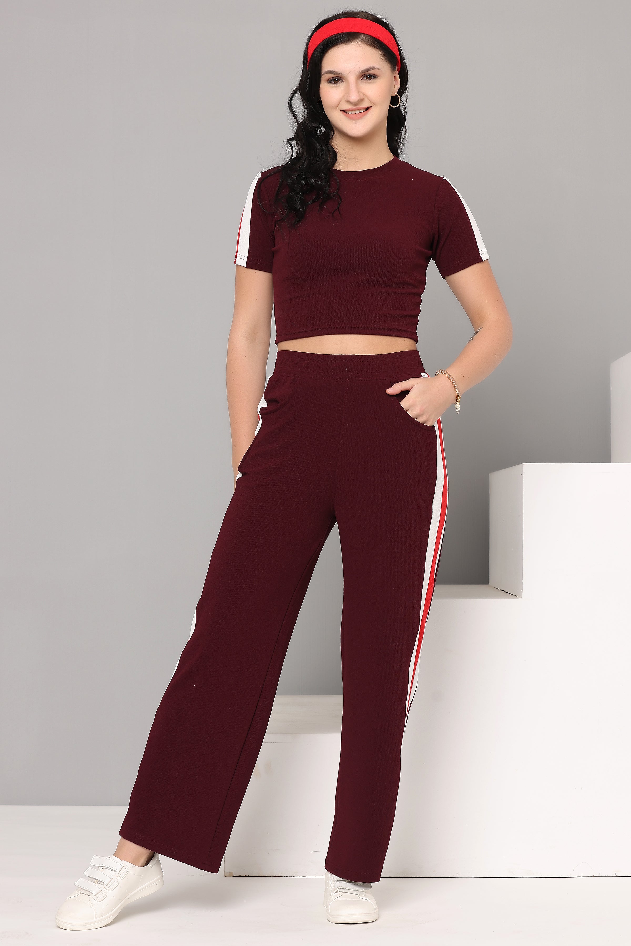 Women's Maroon Workout Crop Top & Pant Set