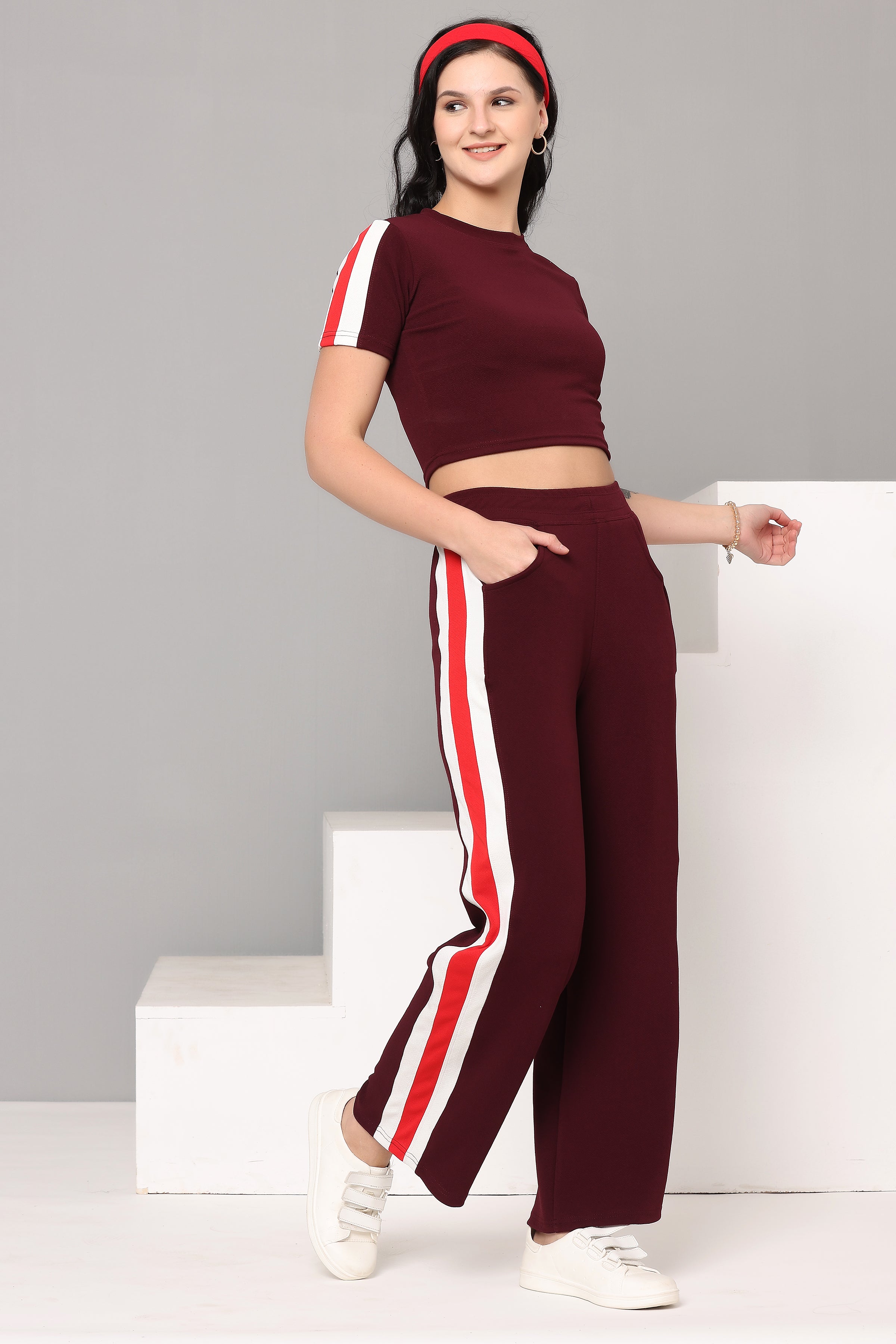 Women's Maroon Workout Crop Top & Pant Set