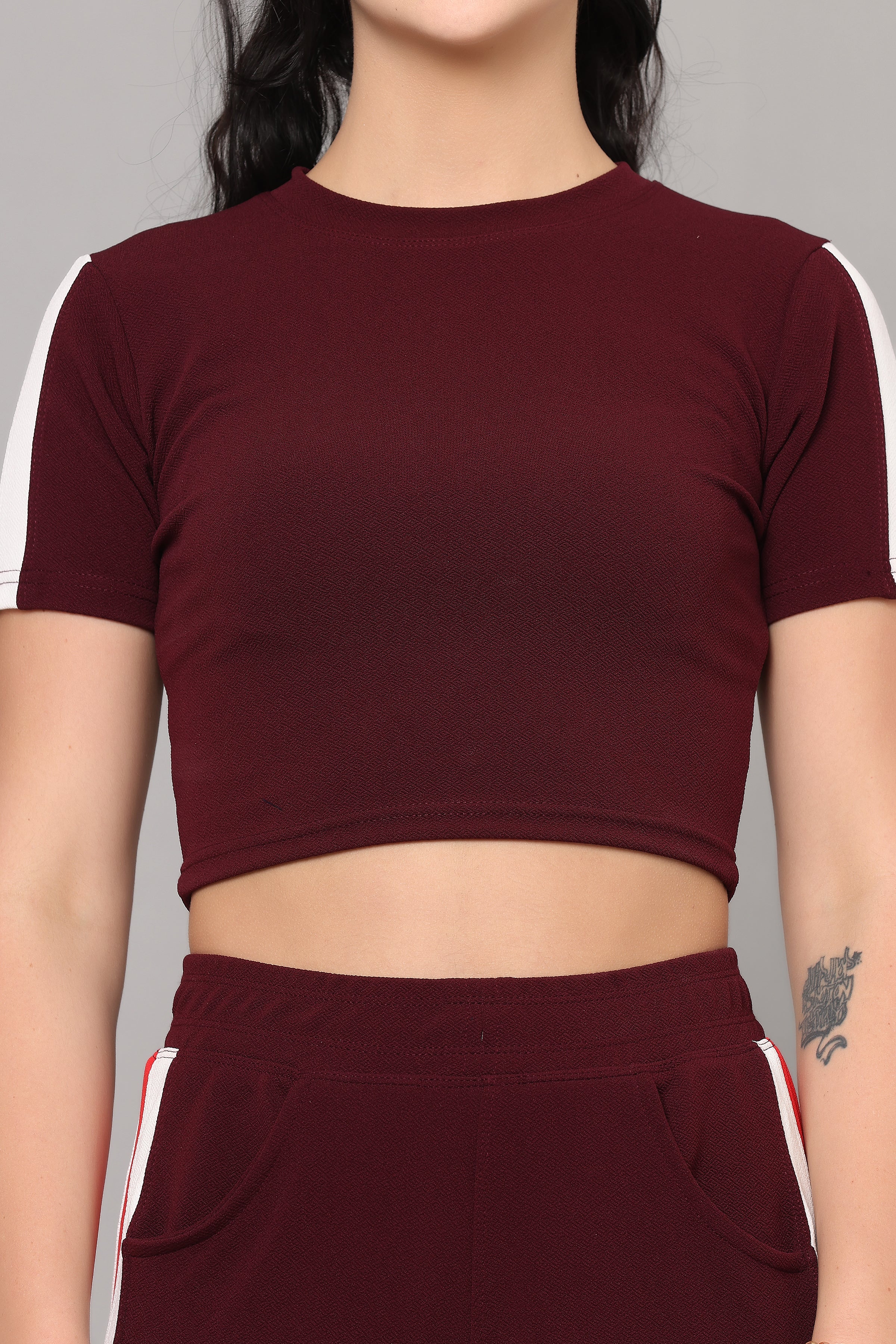 Women's Maroon Workout Crop Top & Pant Set
