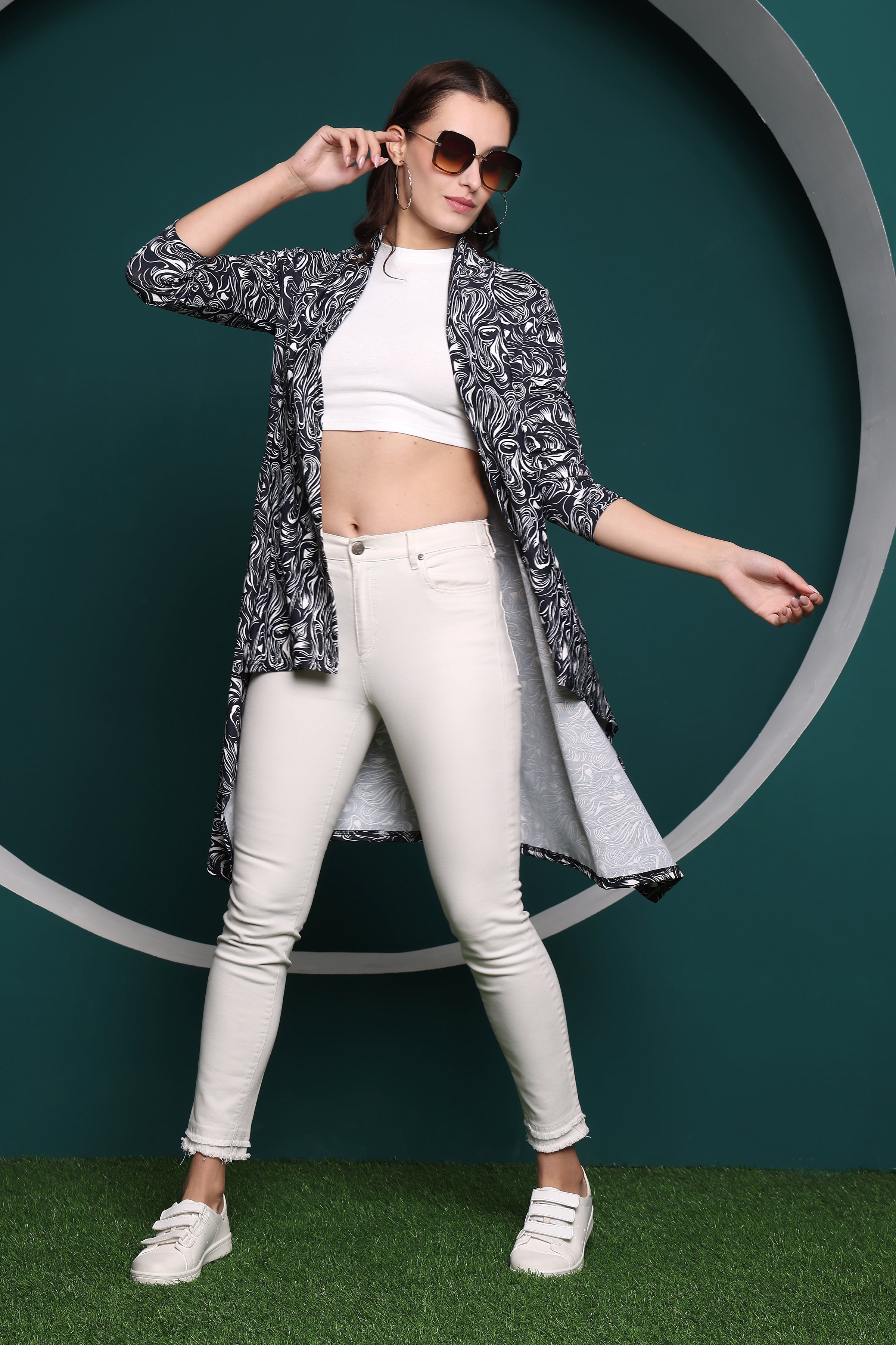Zicada Front Open Abstract Print Shrug for Women