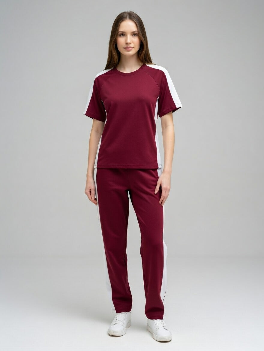 Women Activewear Co-Ord Set | T-Shirt & Track Pant Set | Gym & Sports Wear | Casual & Running Outfit for Women - Maroon