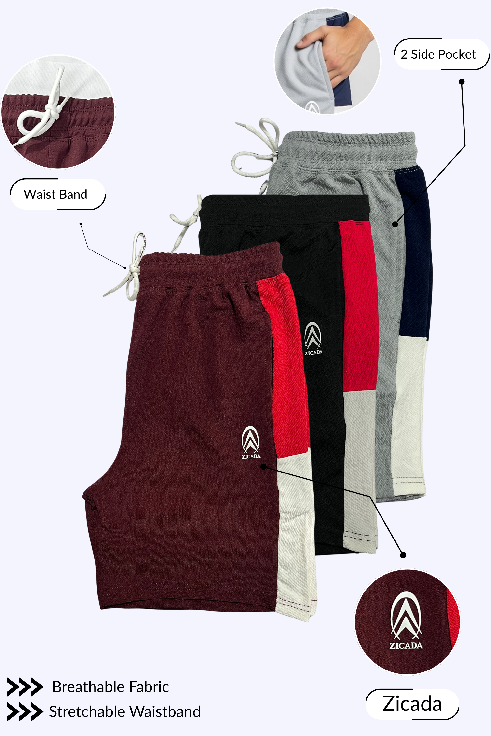 Zicada Men’s Polyester Sports Shorts (Pack of 3) | Lightweight Quick-Dry Gym & Running Shorts for Daily Wear