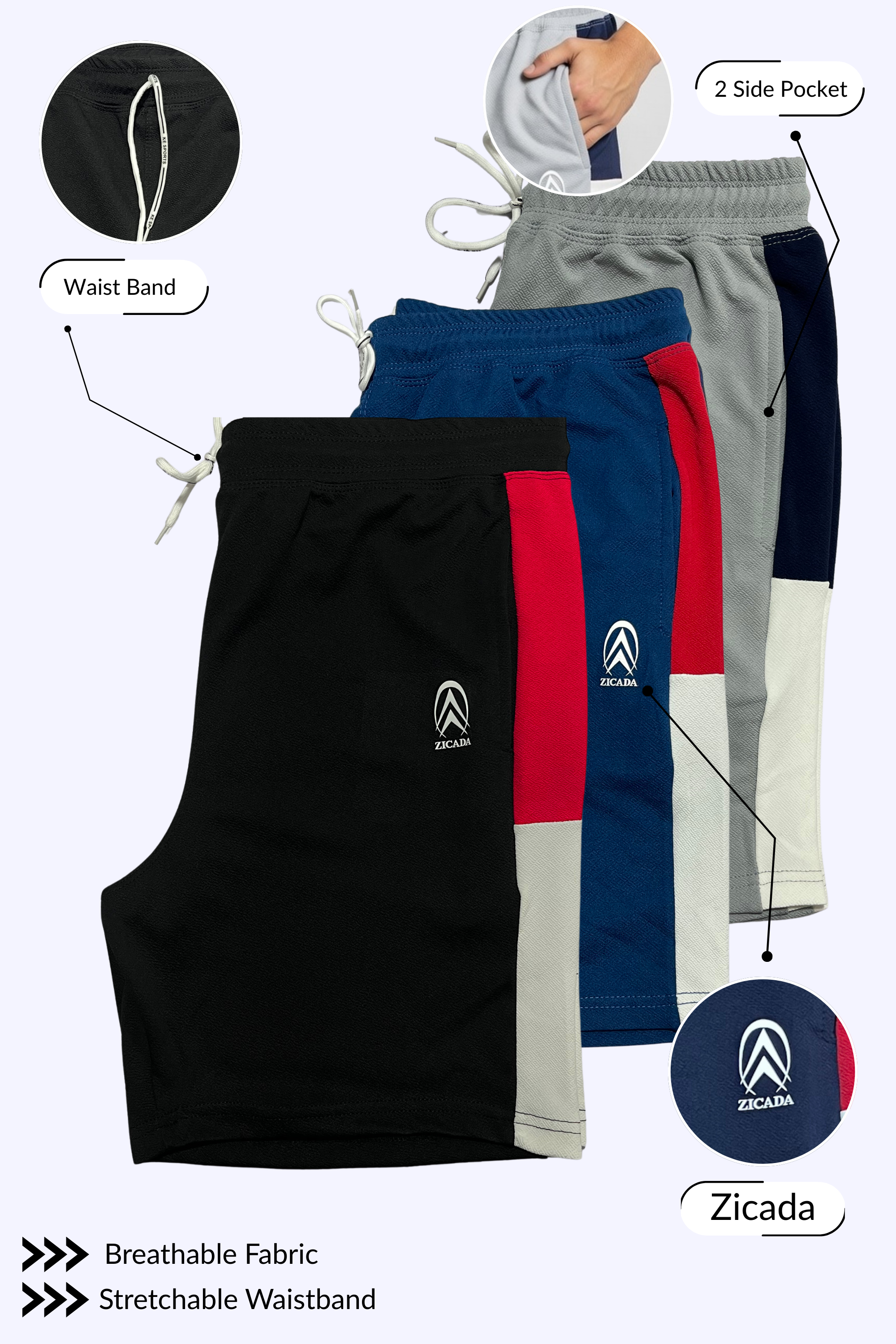 Zicada Men’s Polyester Sports Shorts (Pack of 3) | Lightweight Quick-Dry Gym & Running Shorts for Daily Wear