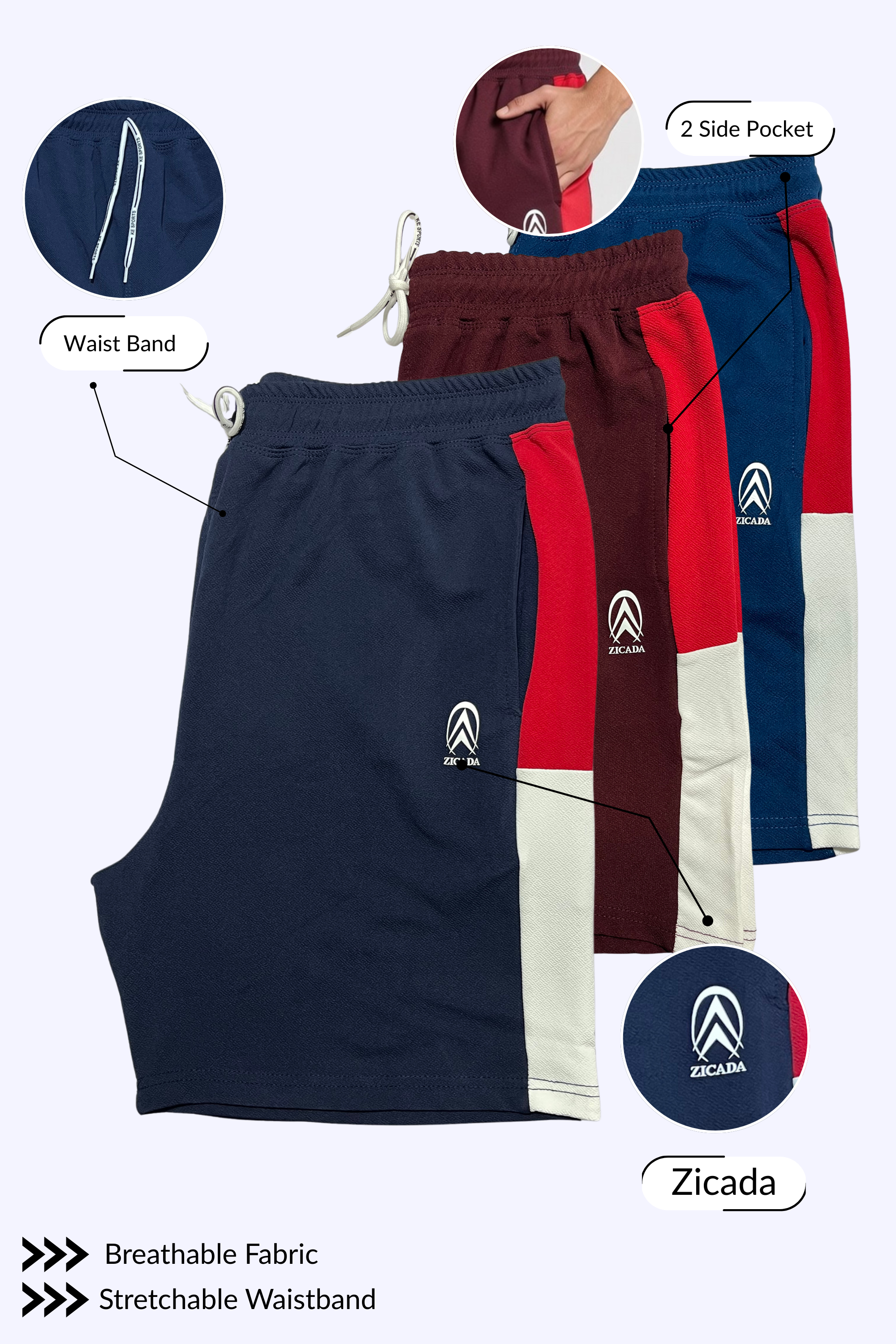 Zicada Men’s Polyester Sports Shorts (Pack of 3) | Lightweight Quick-Dry Gym & Running Shorts for Daily Wear