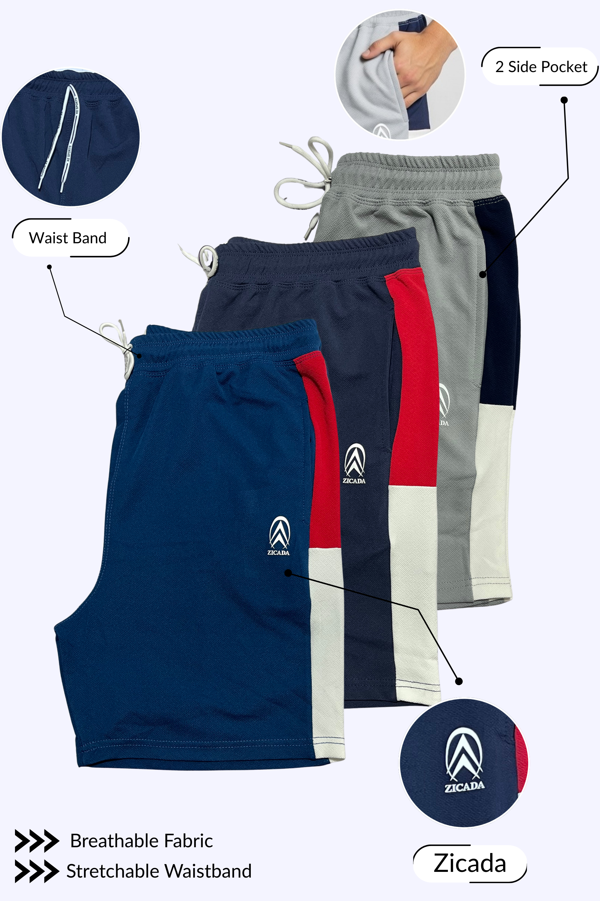 Zicada Men’s Polyester Sports Shorts (Pack of 3) | Lightweight Quick-Dry Gym & Running Shorts for Daily Wear