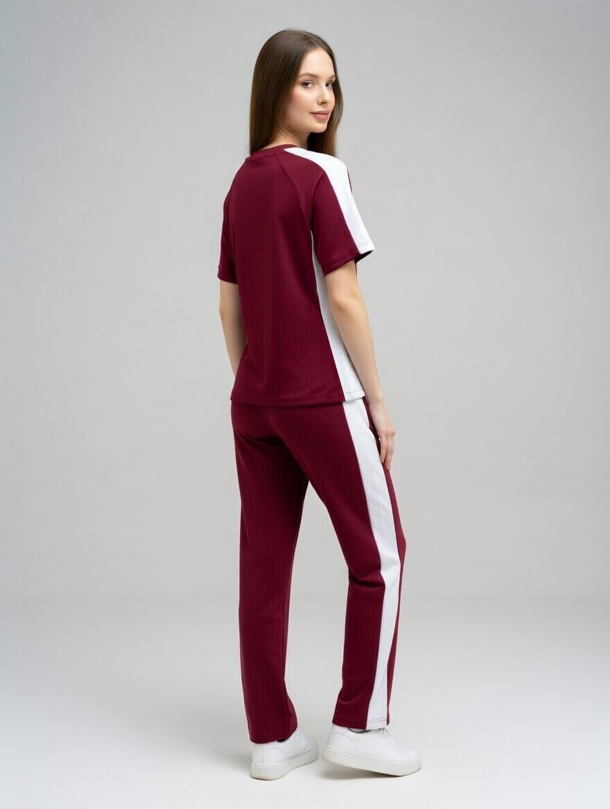 Women Activewear Co-Ord Set | T-Shirt & Track Pant Set | Gym & Sports Wear | Casual & Running Outfit for Women - Maroon