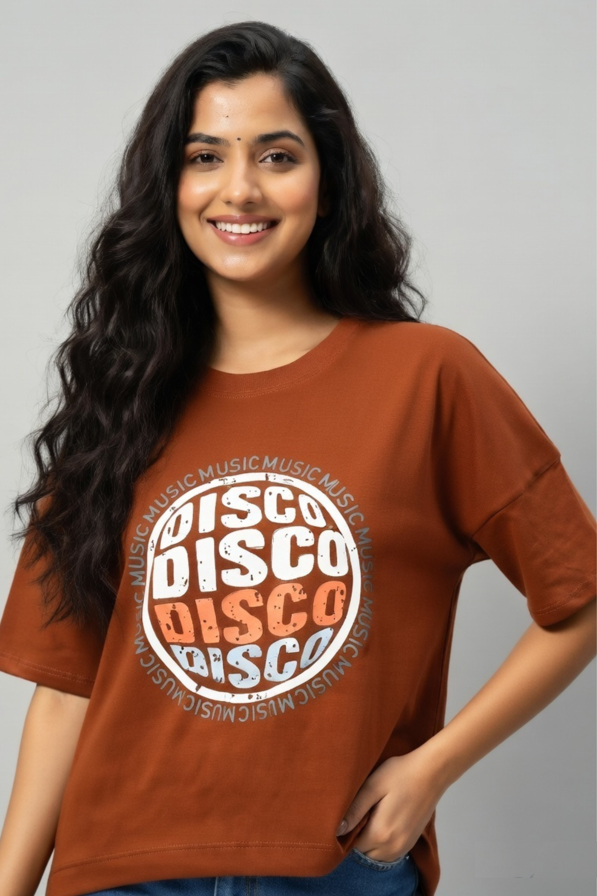 Zicada Rust Brown Oversized Disco Graphic T-Shirt for Girls & Women | Printed T-shirt for Girls