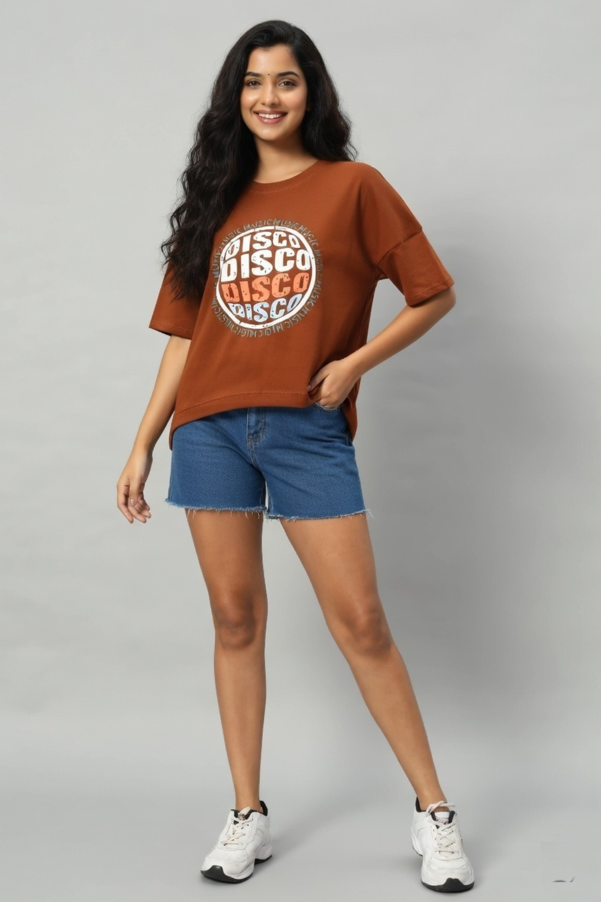 Zicada Rust Brown Oversized Disco Graphic T-Shirt for Girls & Women | Printed T-shirt for Girls