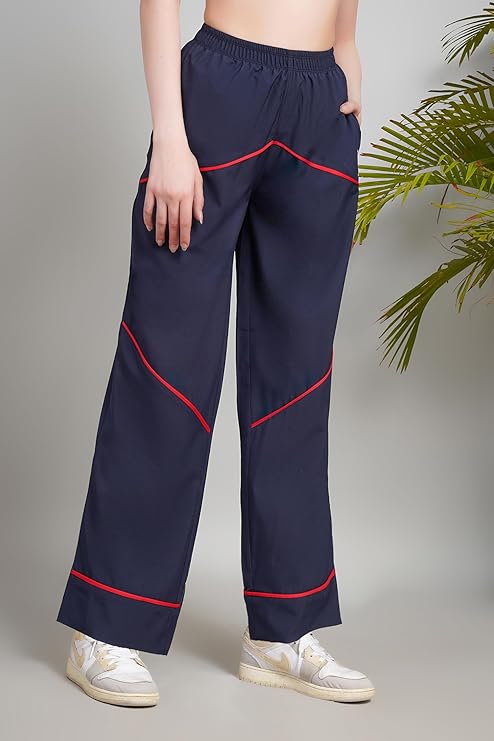 Women's Athletic Track Pants with White Geometric Design, Elastic Waist, Relaxed Fit