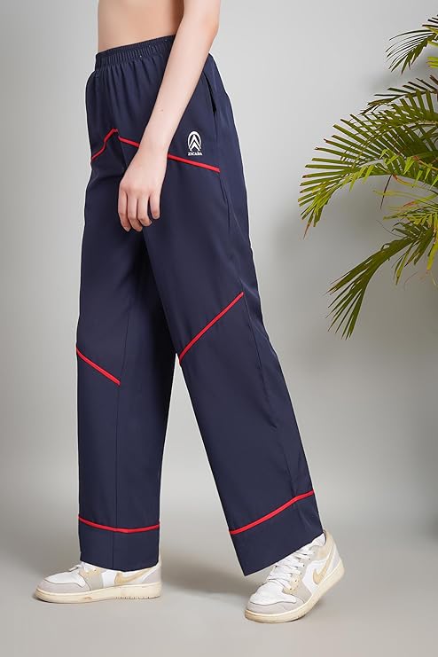 Women's Athletic Track Pants with White Geometric Design, Elastic Waist, Relaxed Fit