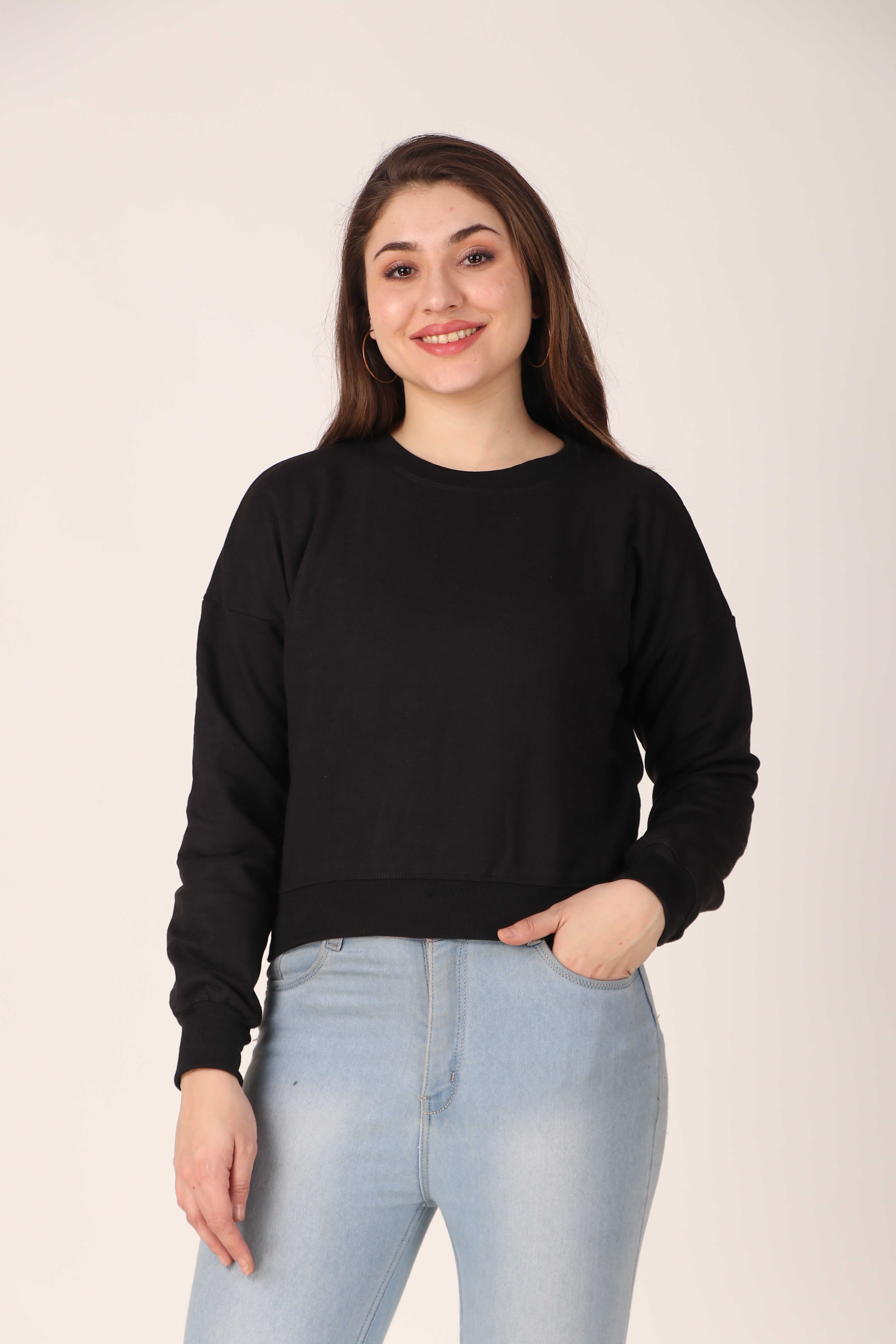 Women's Drop Shoulder Crop Sweatshirt Long Sleeve Pullover, Casual Loose Fit, Soft Cotton Blend