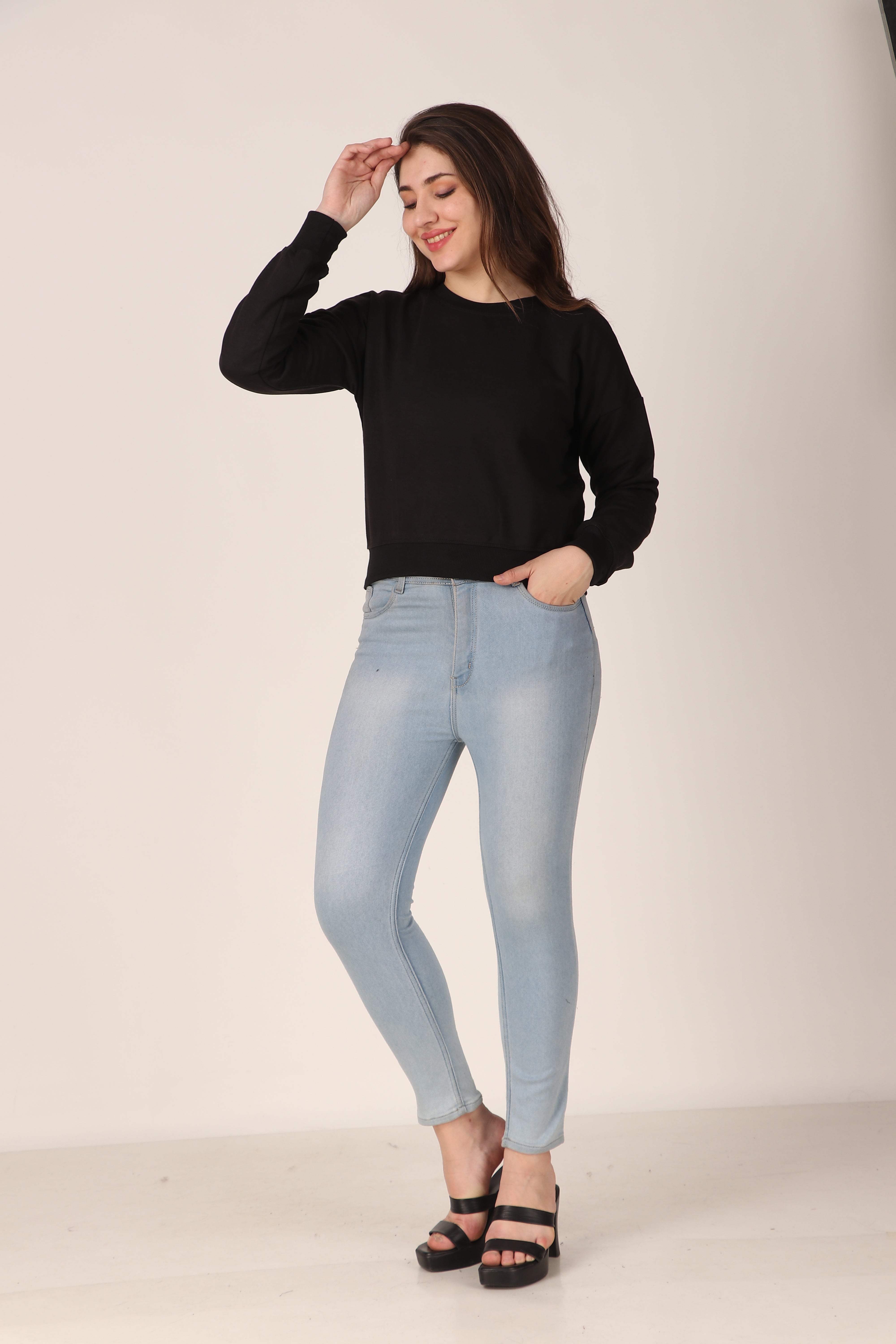 Women's Drop Shoulder Crop Sweatshirt Long Sleeve Pullover, Casual Loose Fit, Soft Cotton Blend