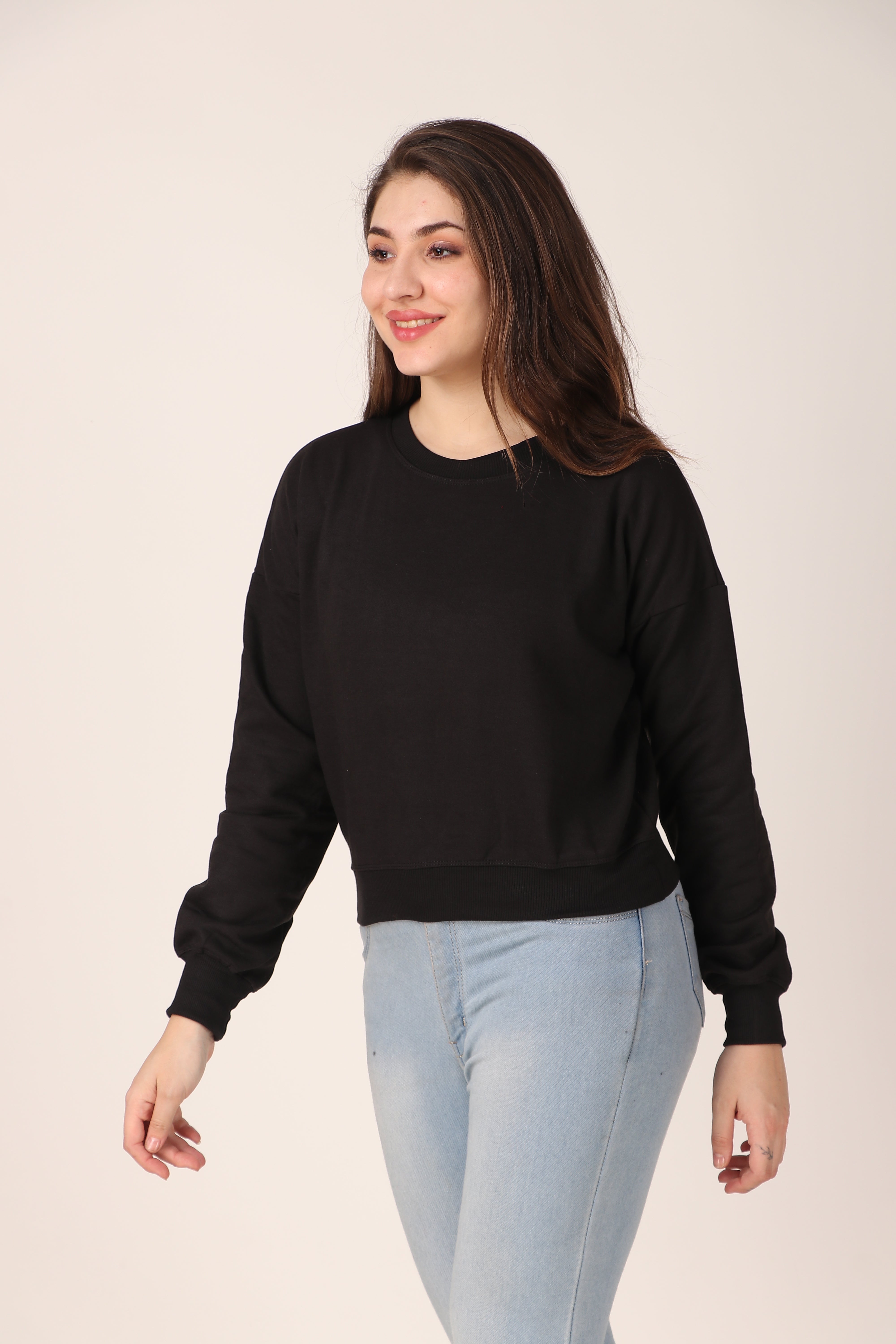 Women's Drop Shoulder Crop Sweatshirt Long Sleeve Pullover, Casual Loose Fit, Soft Cotton Blend