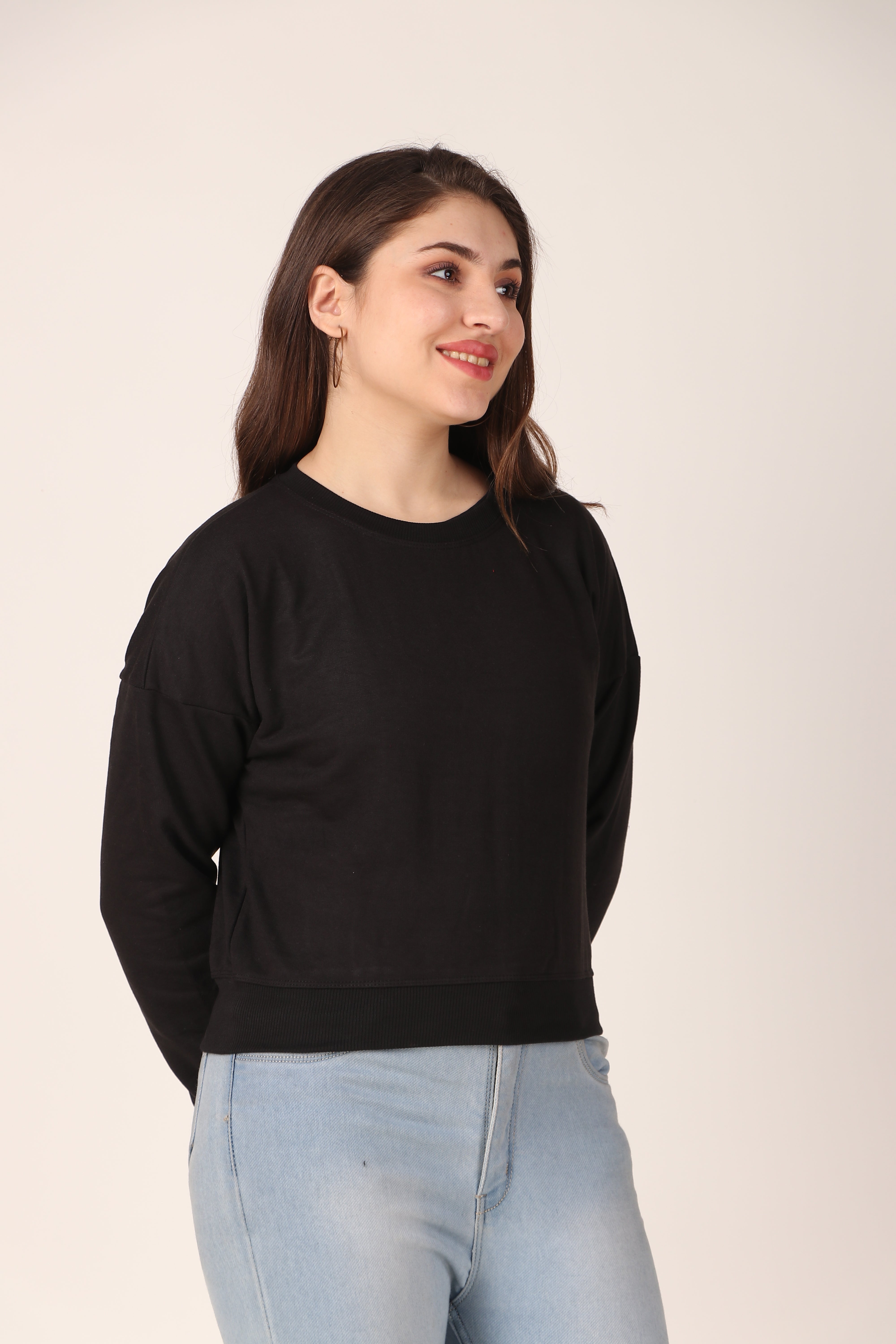Women's Drop Shoulder Crop Sweatshirt Long Sleeve Pullover, Casual Loose Fit, Soft Cotton Blend