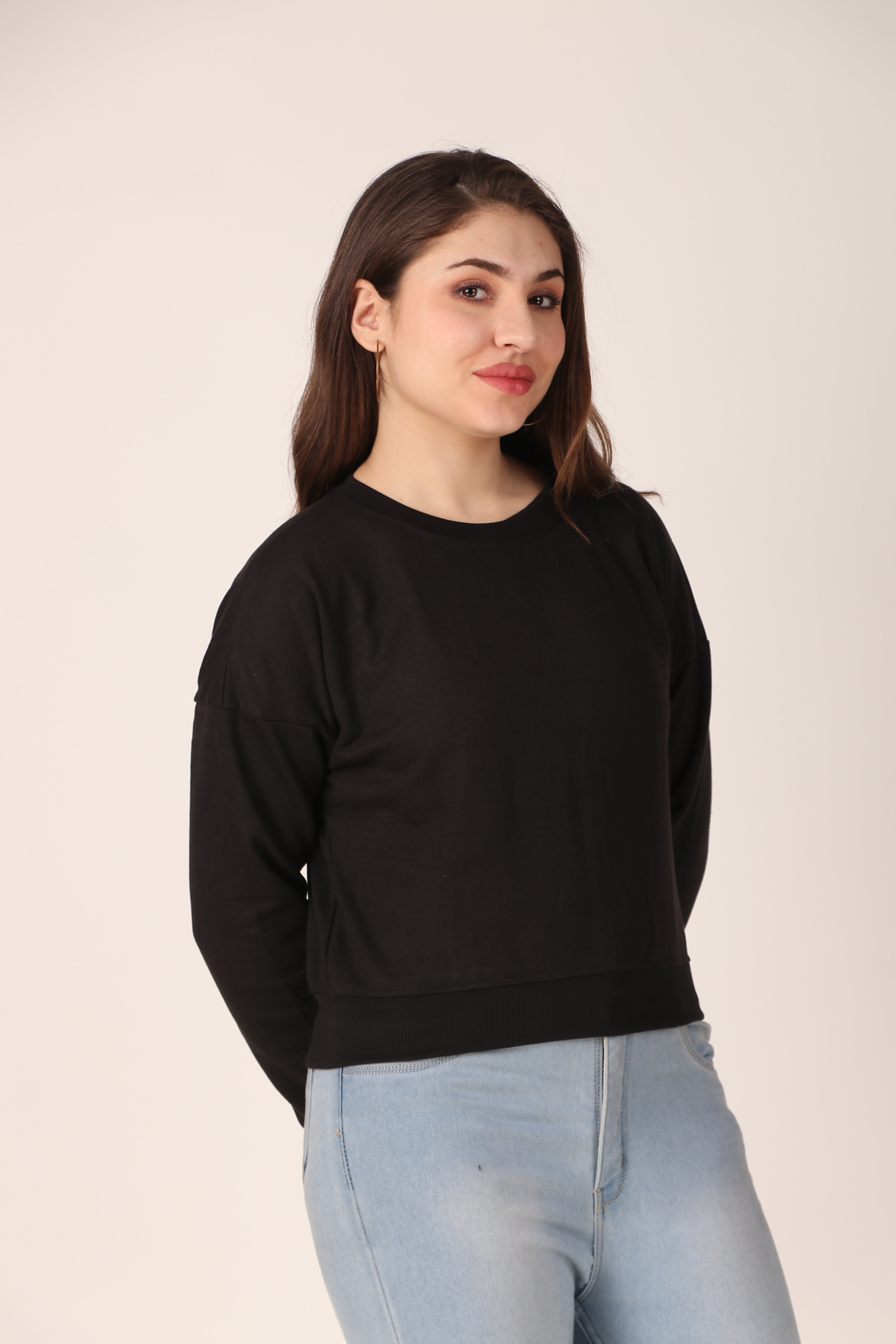 Women's Drop Shoulder Crop Sweatshirt Long Sleeve Pullover, Casual Loose Fit, Soft Cotton Blend