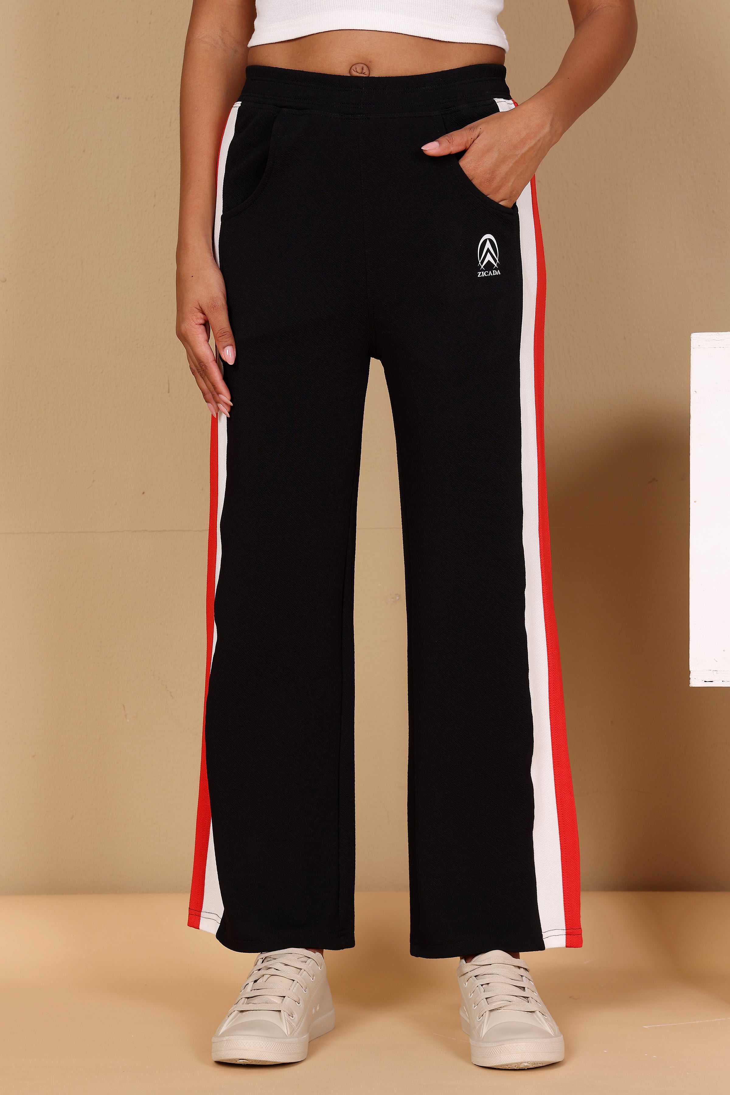 women wide leg polyester track pants black