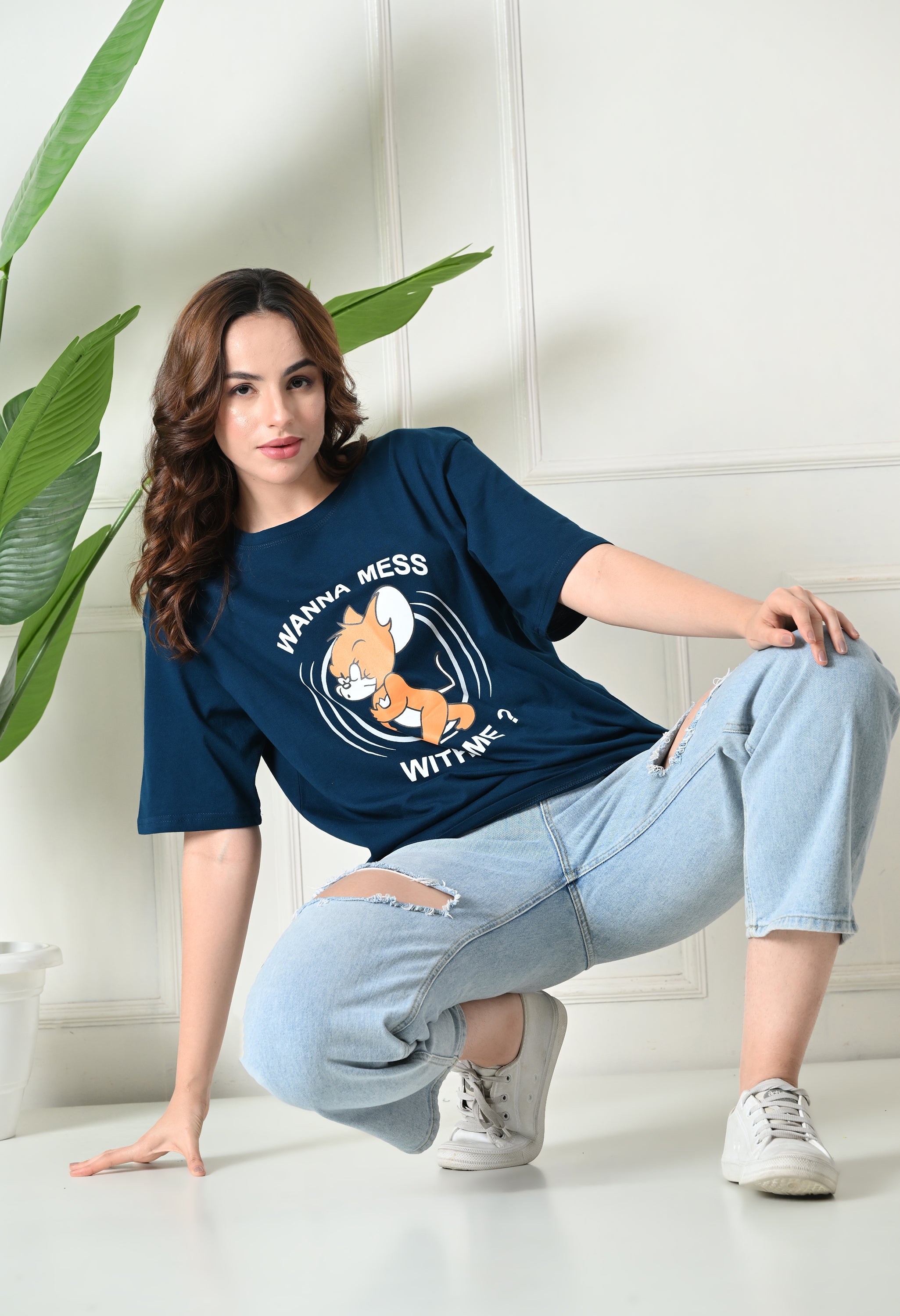 Women’s Cotton Blend Oversized Drop Shoulder Printed T-Shirt | Soft, Breathable & Light Weight | Loose Fit Stylish Top for Girls with Premium Graphic Print