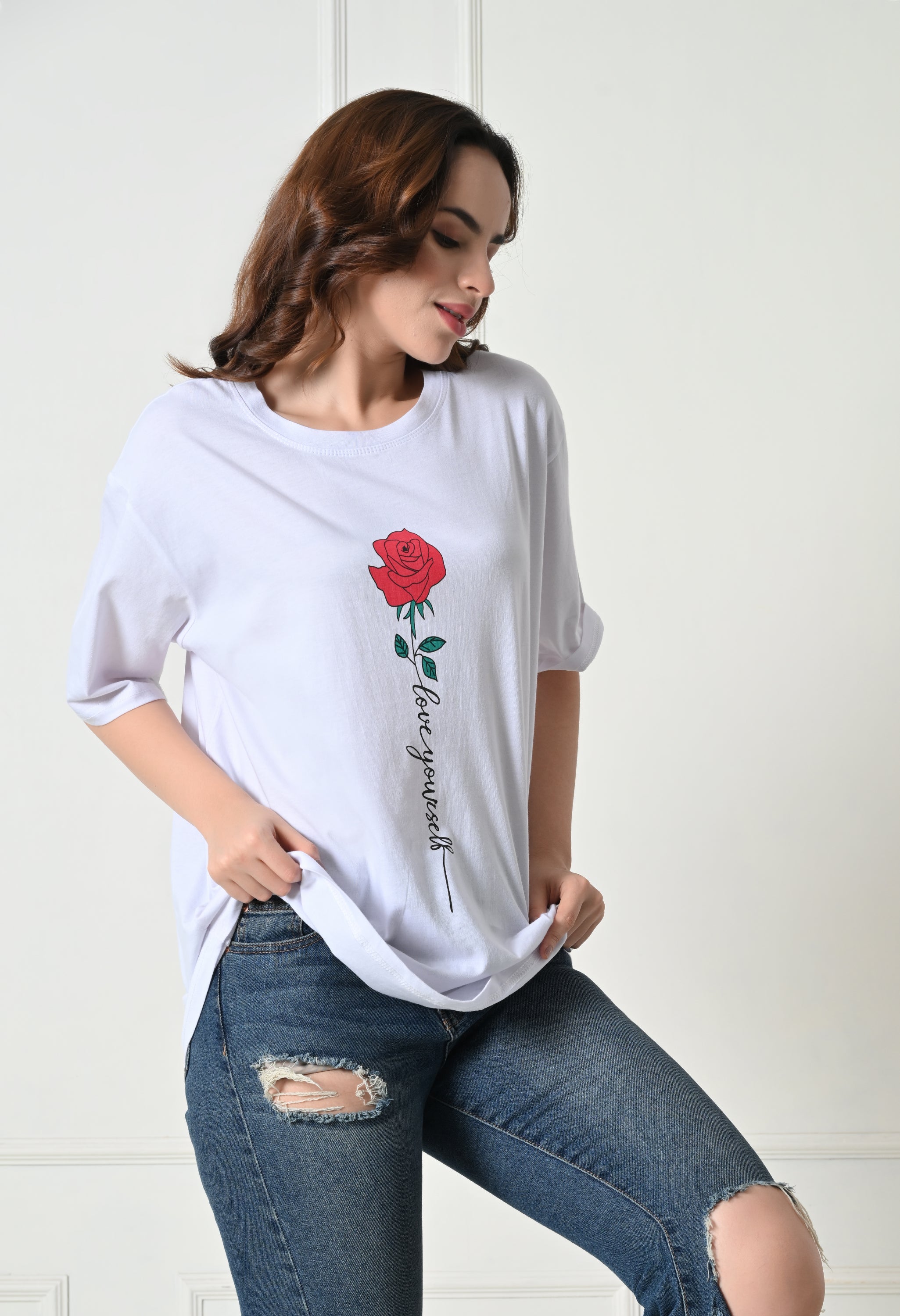 Women’s Cotton Blend Oversized Drop Shoulder Printed T-Shirt | Soft, Breathable & Light Weight | Loose Fit Stylish Top for Girls with Premium Graphic Print