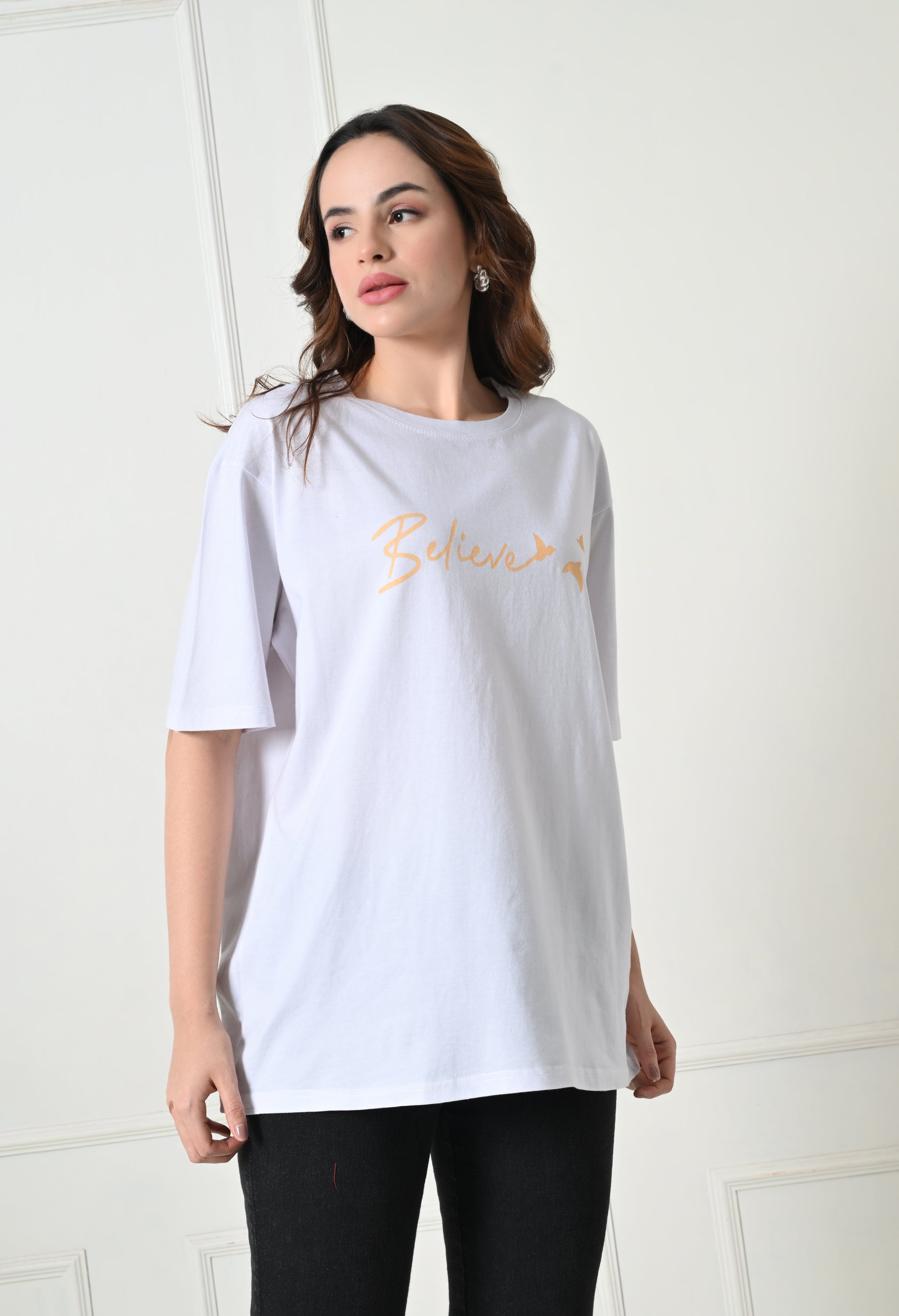 Women’s Cotton Blend Oversized Drop Shoulder Printed T-Shirt | Soft, Breathable & Light Weight | Loose Fit Stylish Top for Girls with Premium Graphic Print