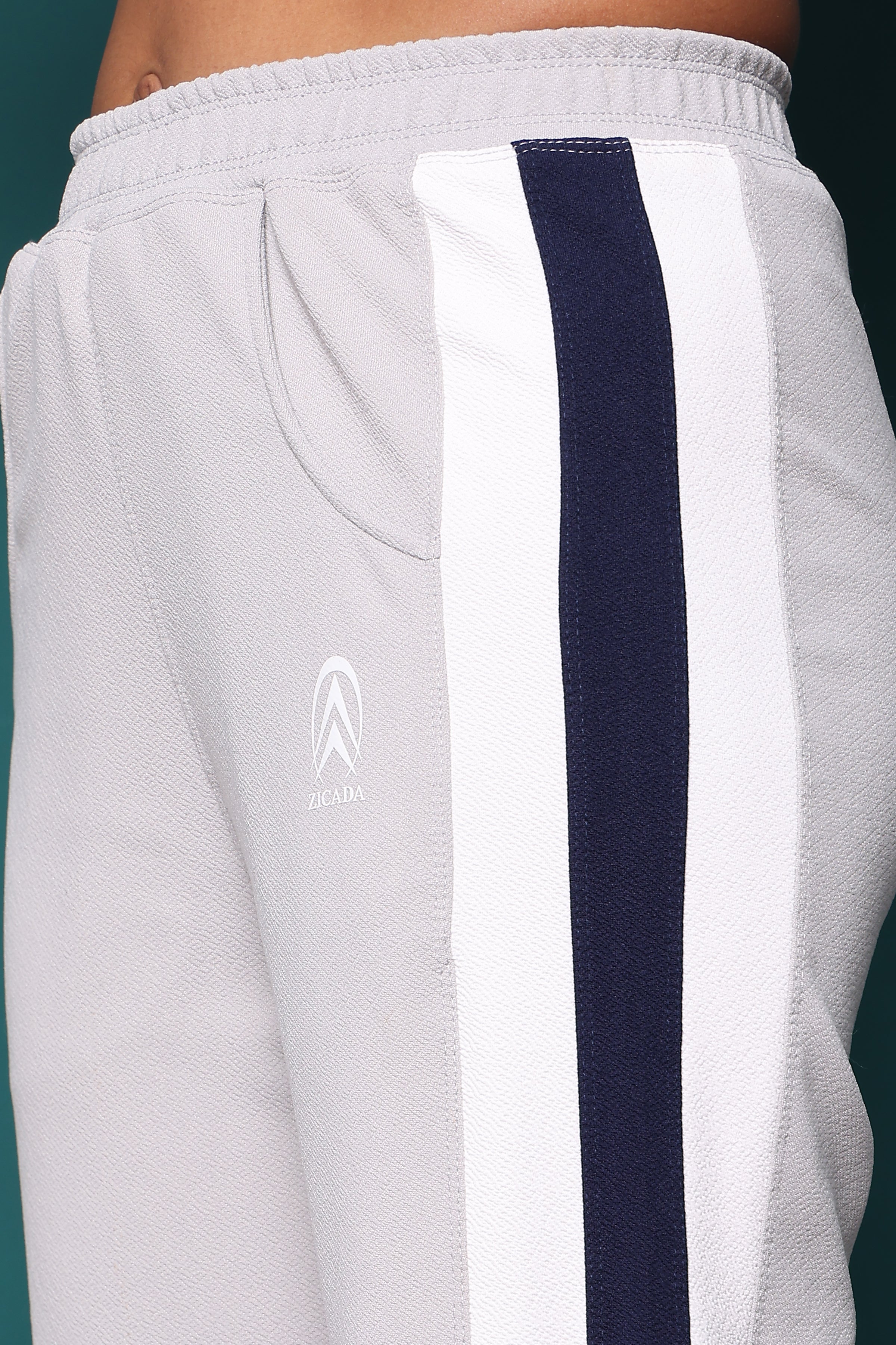 Zicada Gray sweatpants with a navy stripe and Citroén logo on a dark background