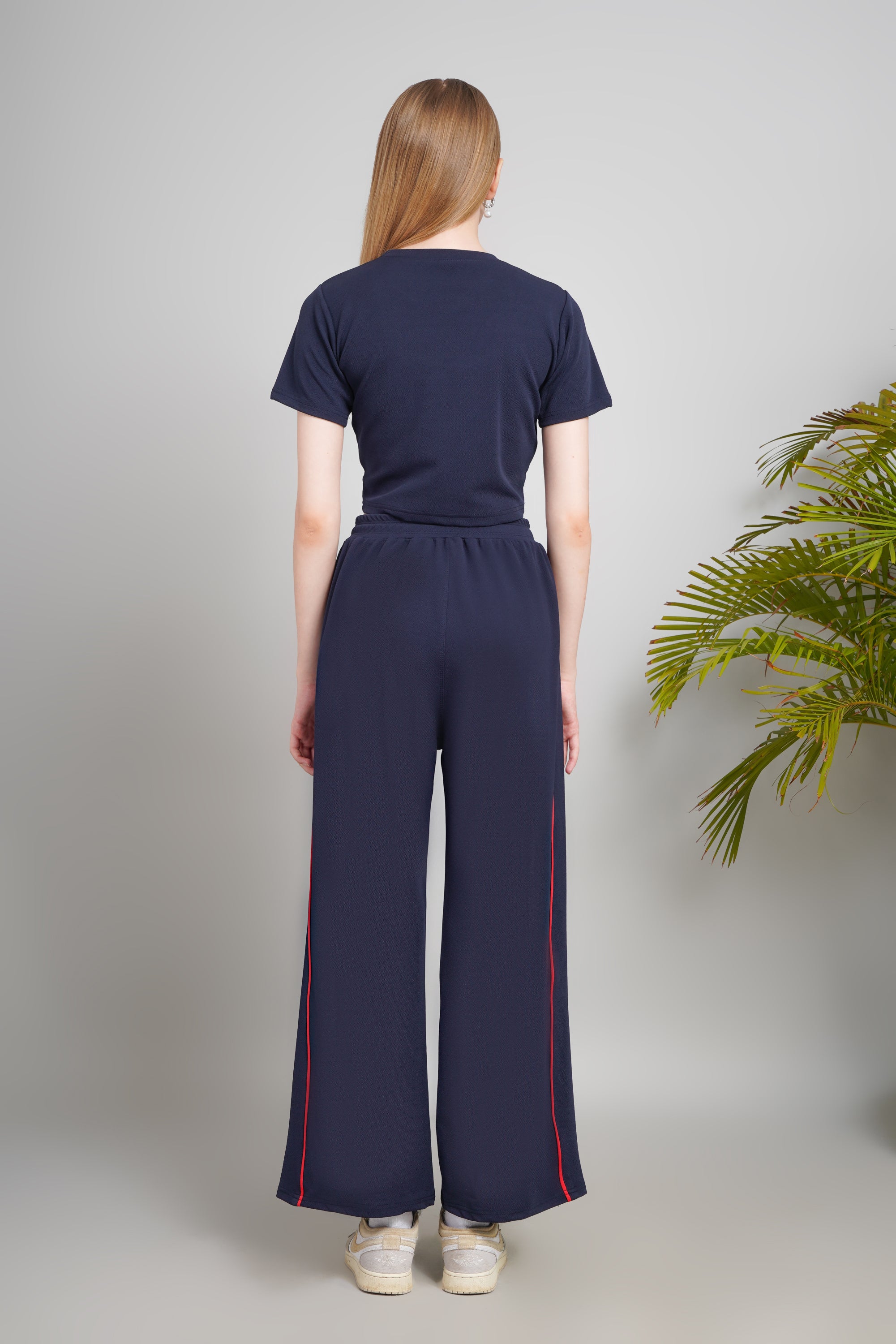 Women's Cotton Blend Track Suit Set, Crop Top with Pants, Navy Blue with Red Stripes, Short Sleeve, Regular Fit