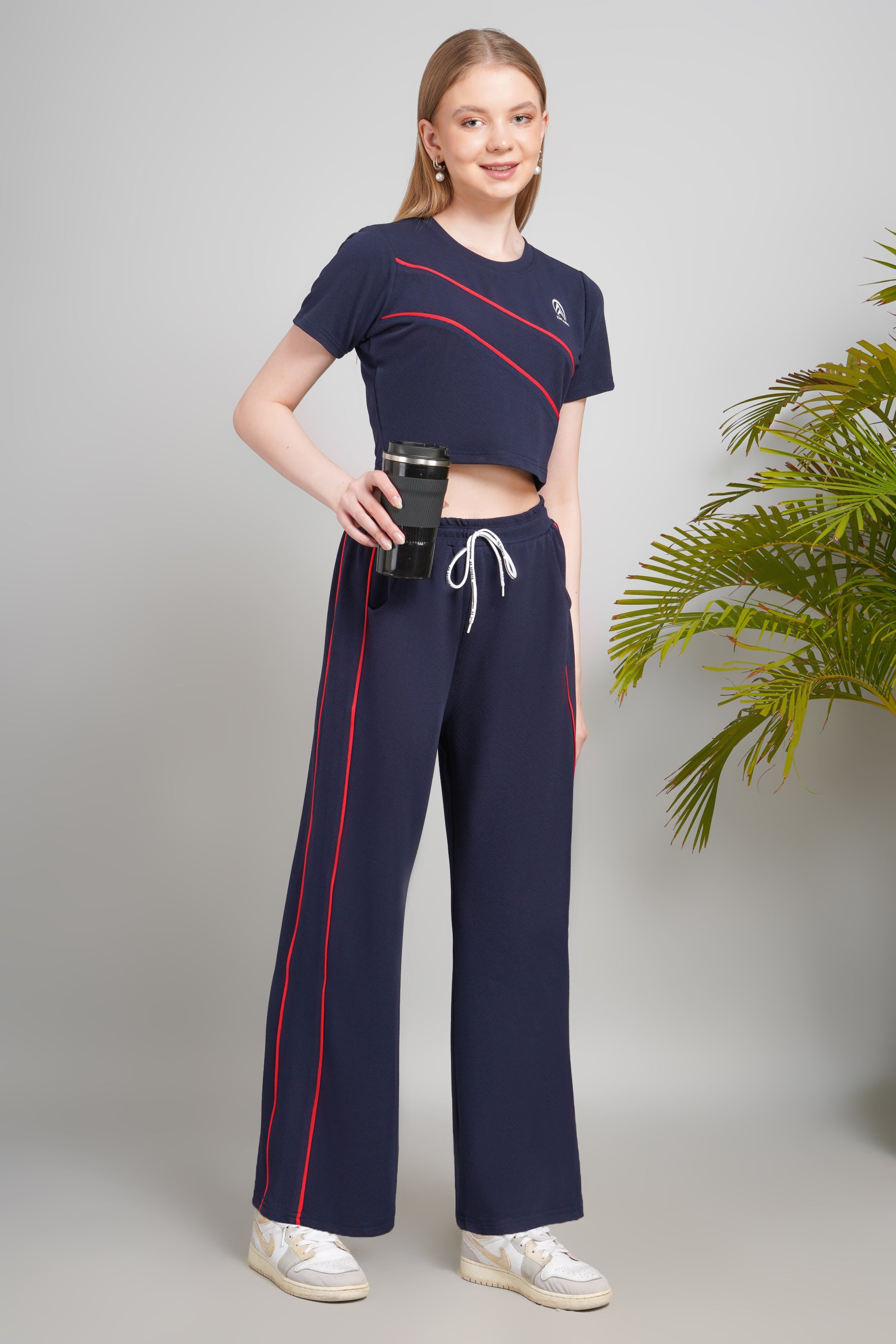 Women's Cotton Blend Track Suit Set, Crop Top with Pants, Navy Blue with Red Stripes, Short Sleeve, Regular Fit