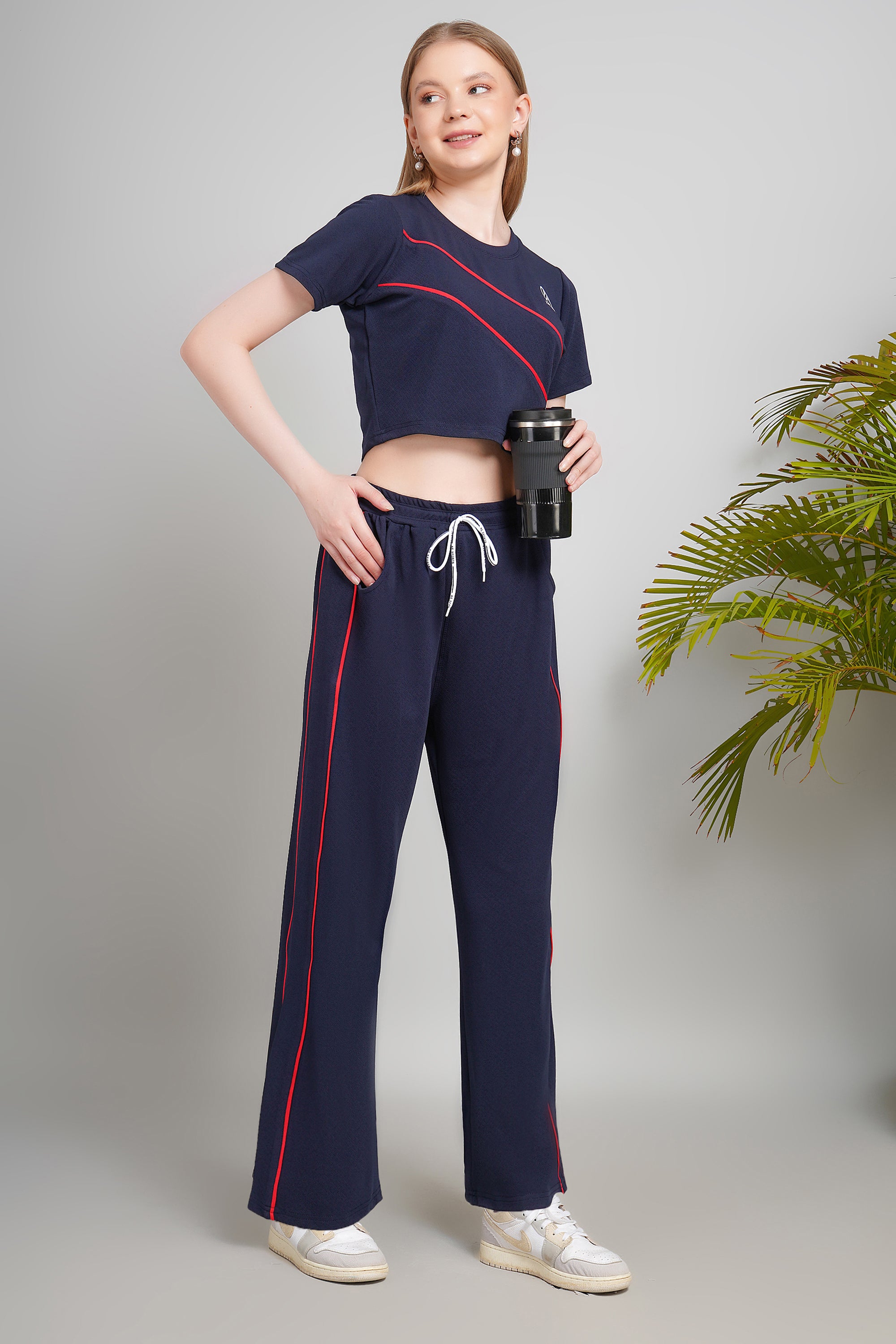 Women's Cotton Blend Track Suit Set, Crop Top with Pants, Navy Blue with Red Stripes, Short Sleeve, Regular Fit