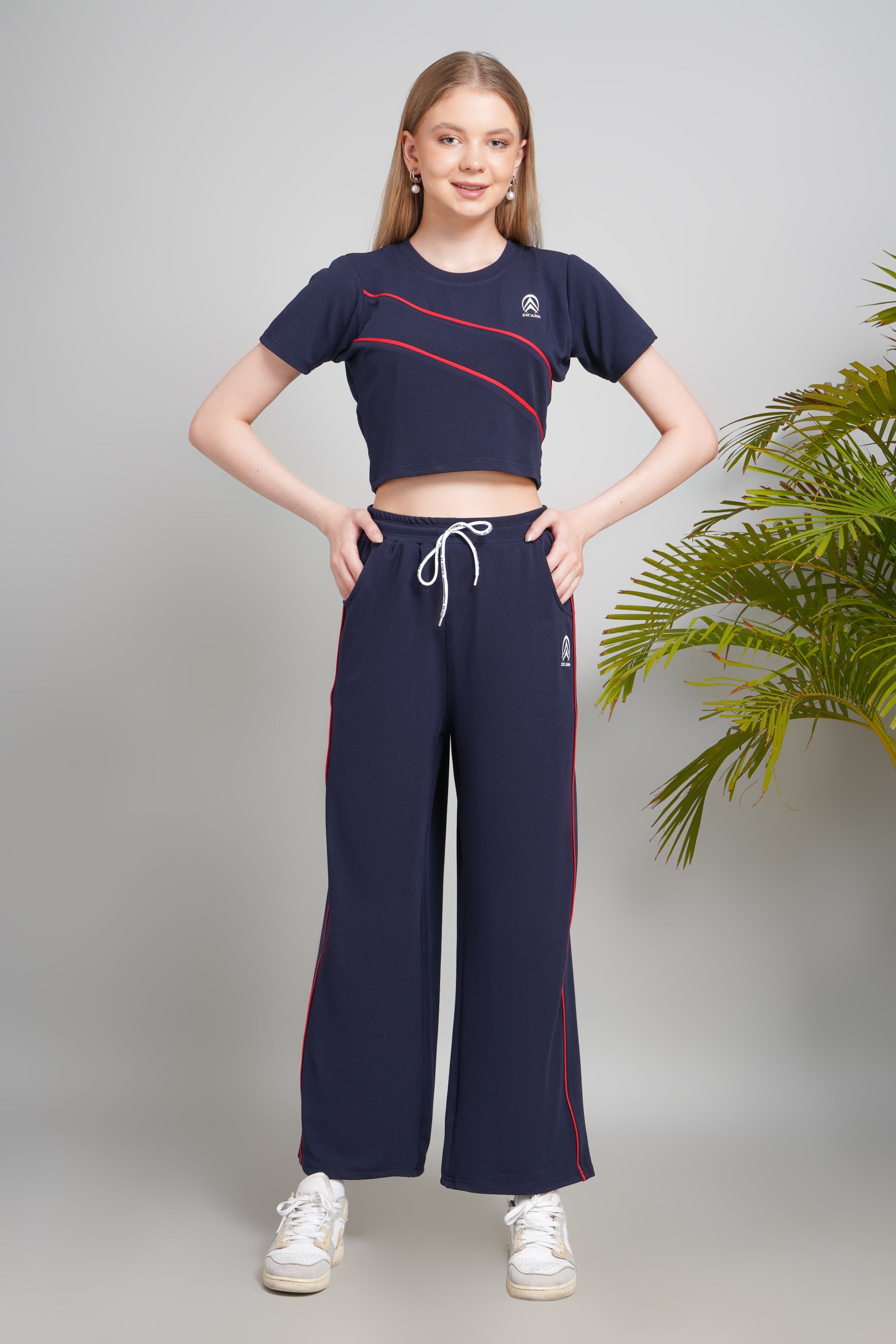 Women's Cotton Blend Track Suit Set, Crop Top with Pants, Navy Blue with Red Stripes, Short Sleeve, Regular Fit