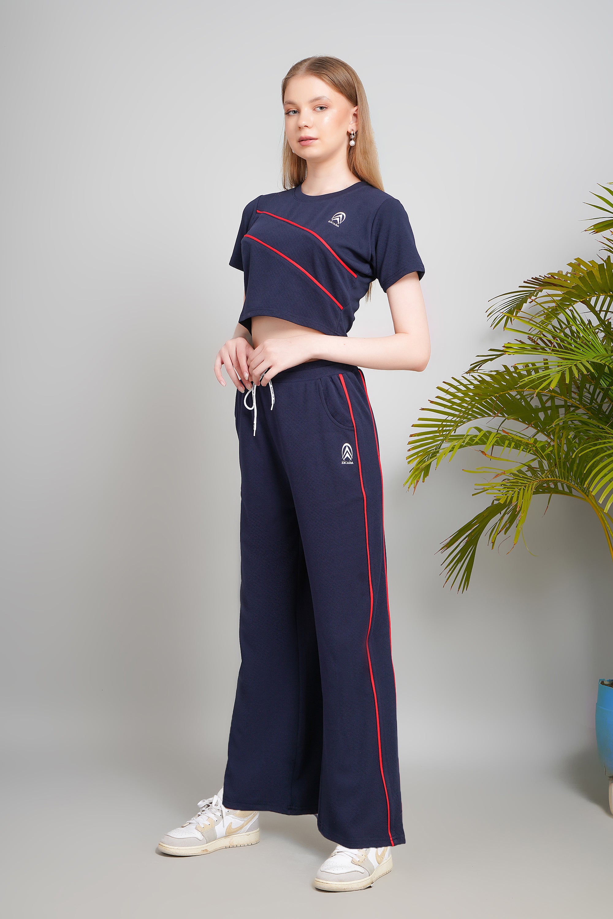 Women's Cotton Blend Track Suit Set, Crop Top with Pants, Navy Blue with Red Stripes, Short Sleeve, Regular Fit