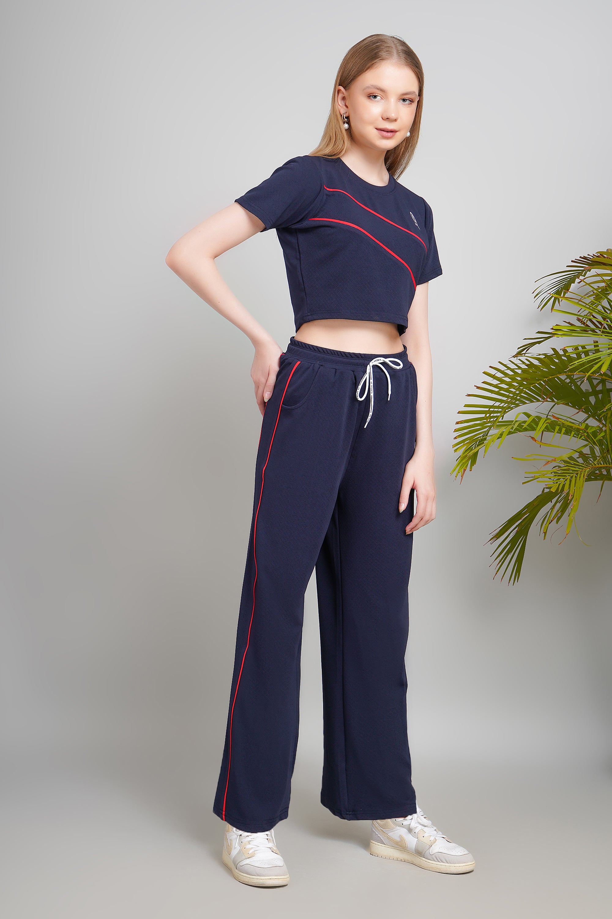 Women's Cotton Blend Track Suit Set, Crop Top with Pants, Navy Blue with Red Stripes, Short Sleeve, Regular Fit