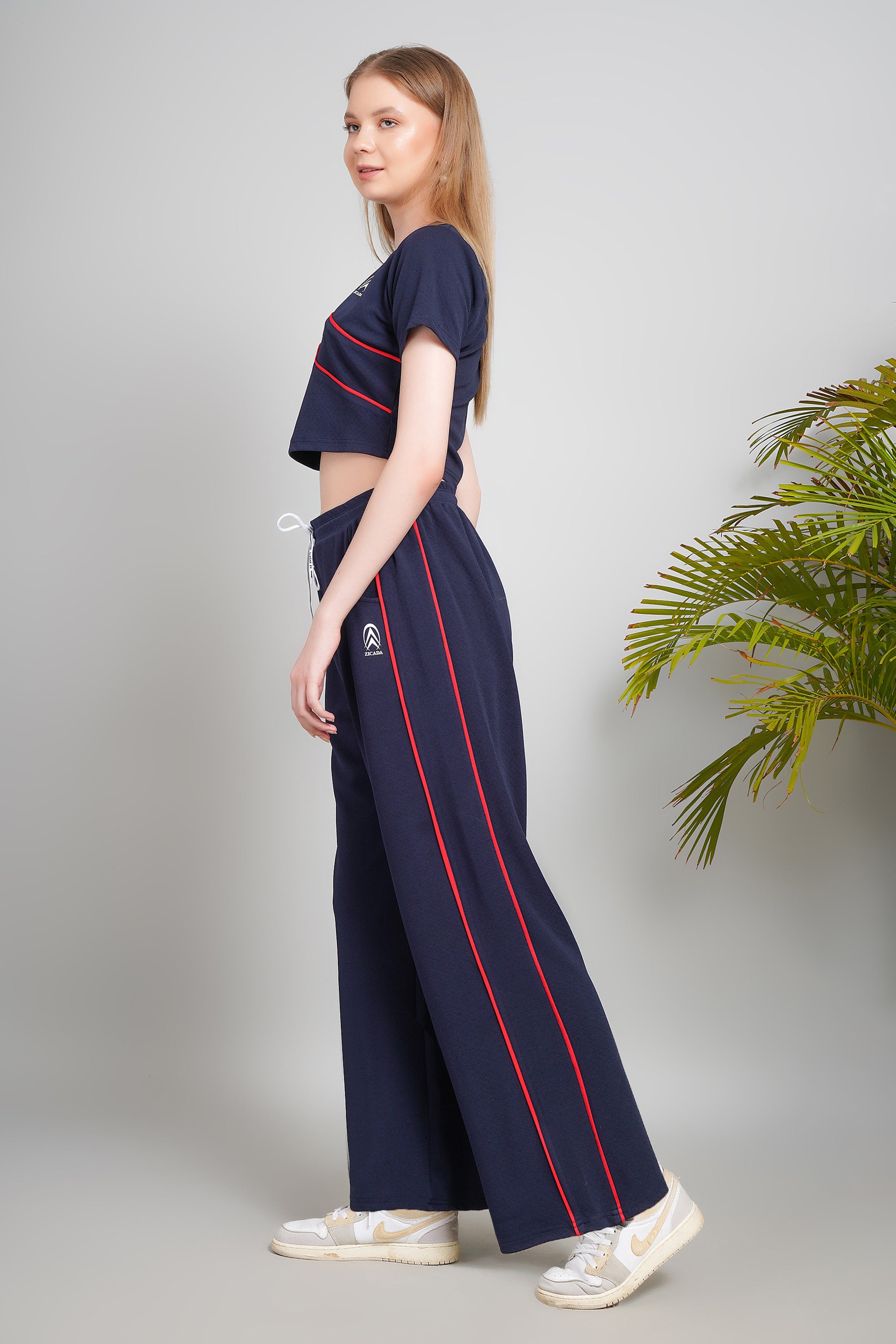 Women's Cotton Blend Track Suit Set, Crop Top with Pants, Navy Blue with Red Stripes, Short Sleeve, Regular Fit