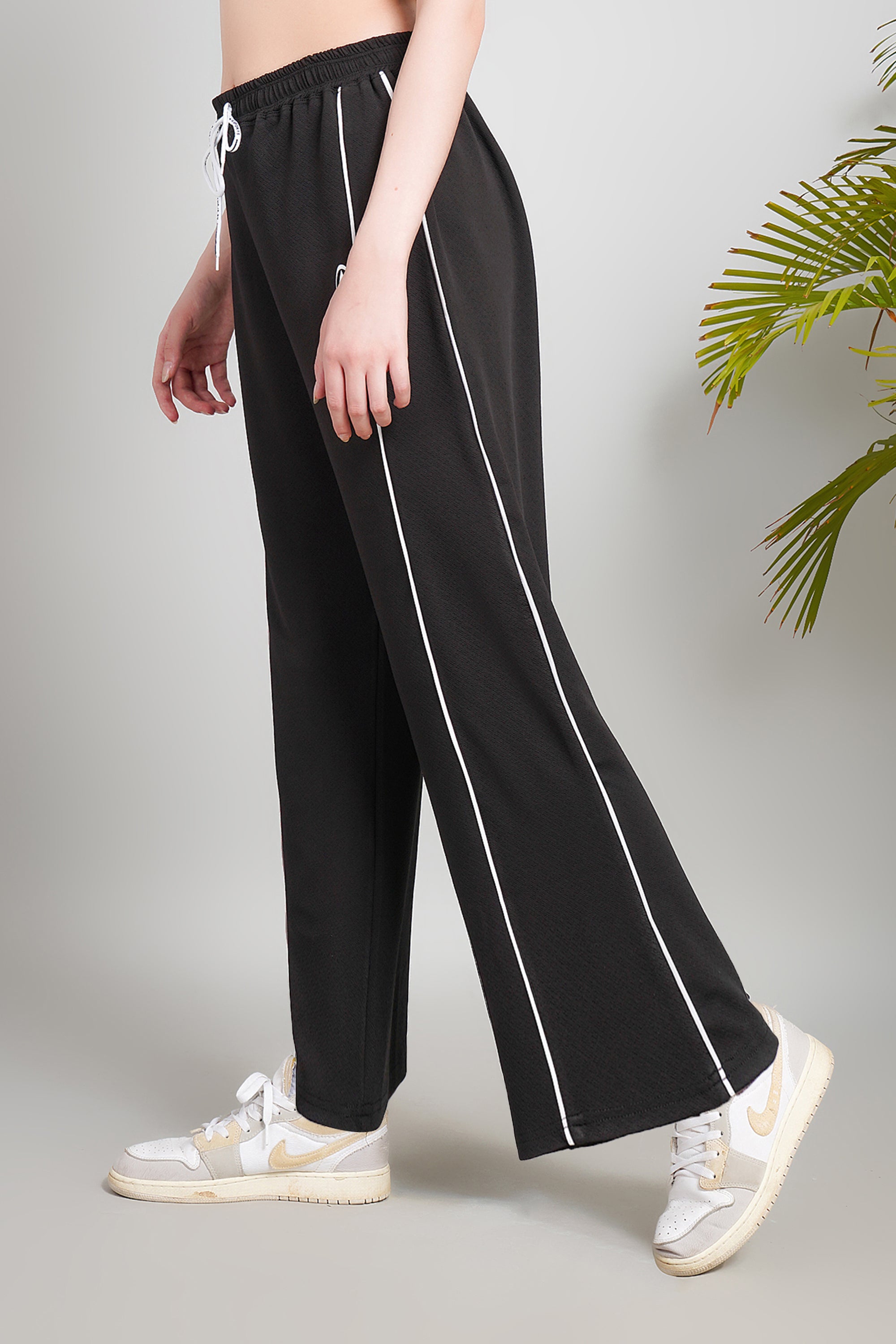 Women's Athletic Track Pants, Black with White Piping, Drawstring Waist, Flared Leg