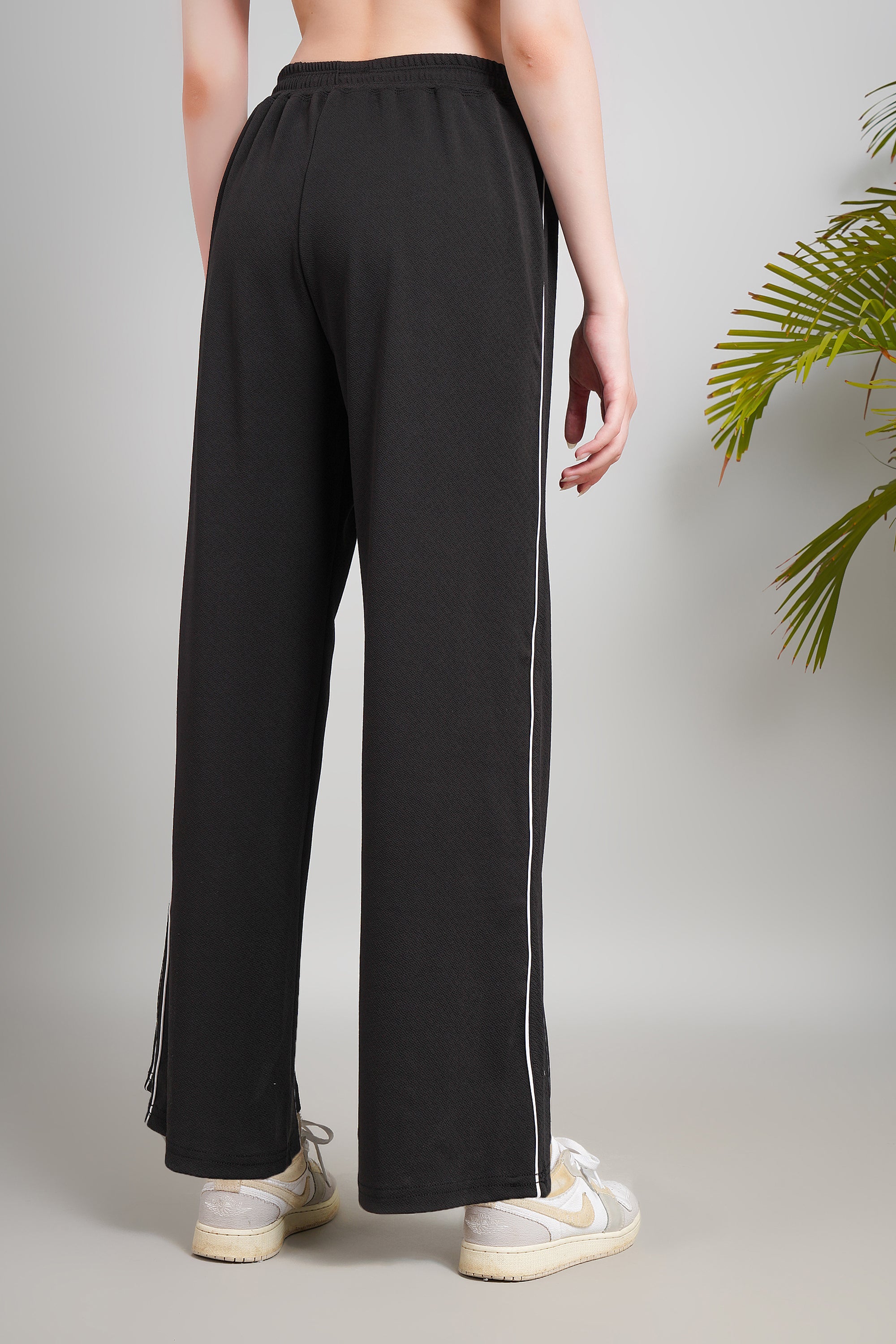 Women's Athletic Track Pants, Black with White Piping, Drawstring Waist, Flared Leg