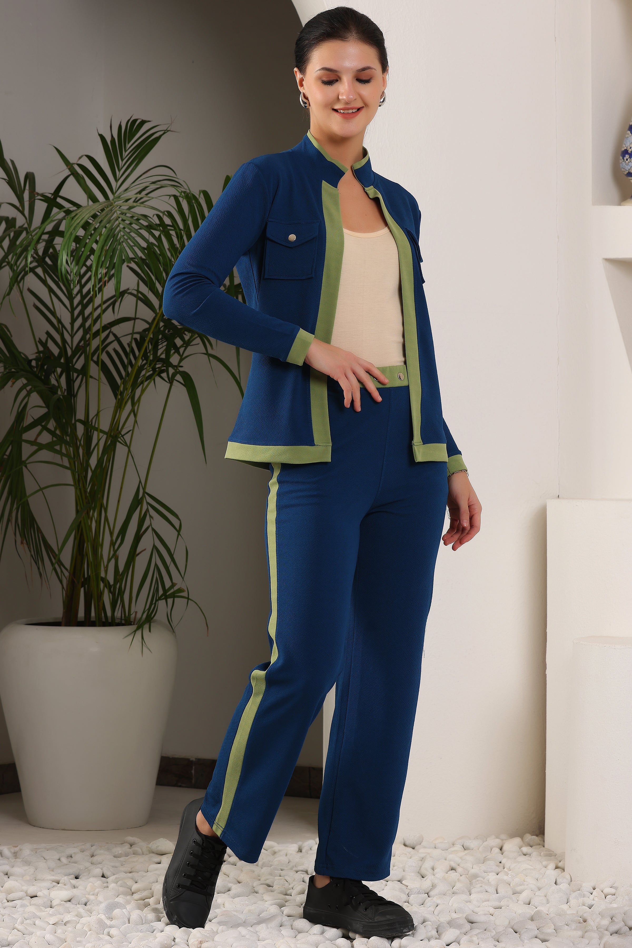 Solid Relaxed 2-Piece Co-ord Set for Women & Girls | Formal Printed Blazer and Trouser Set | Stylish Co-ord Outfit for Office, Casual