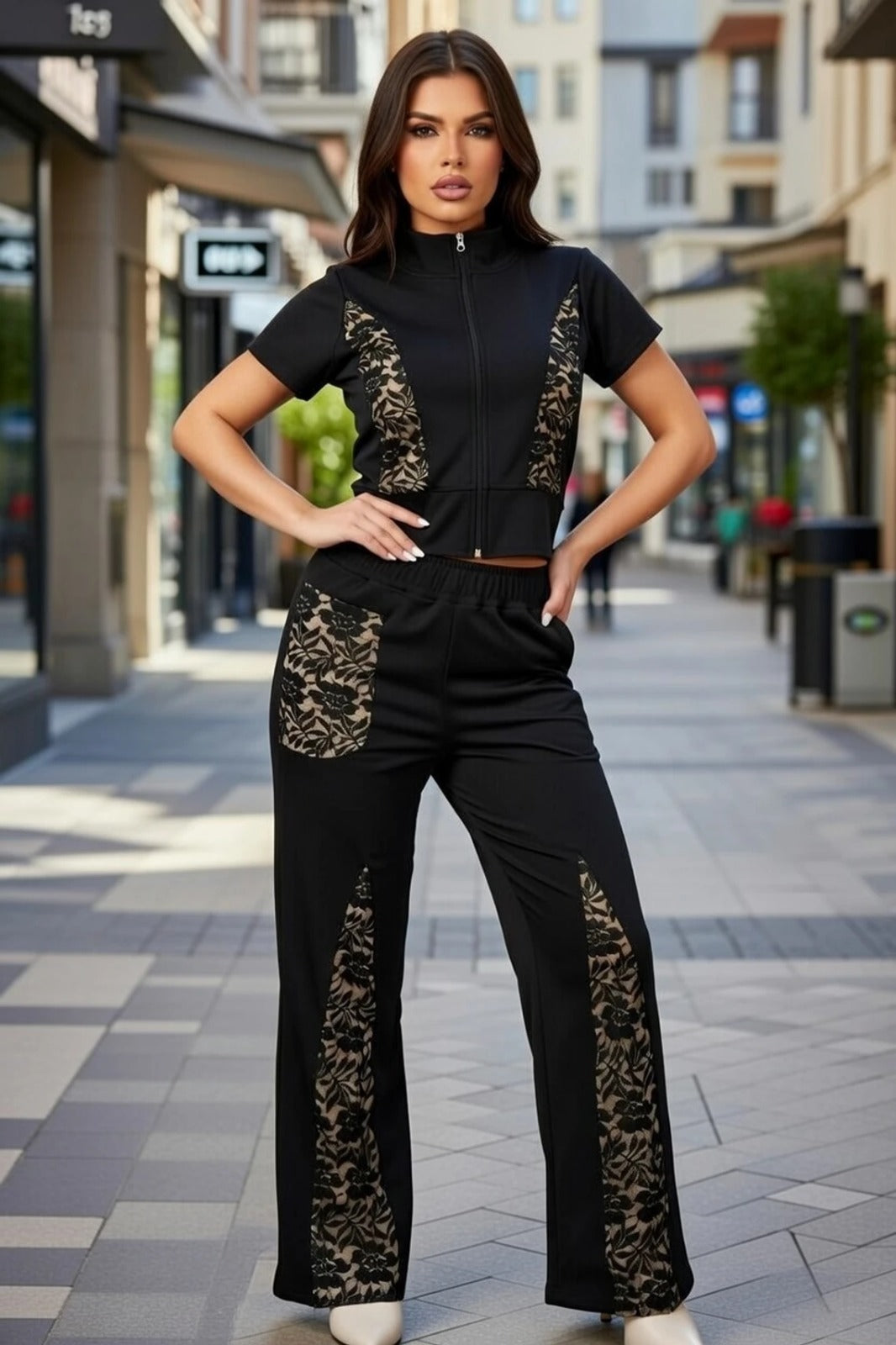 Women’s Black Co-Ord Set with Lace Panels | Stylish Zip Top & Wide Leg Pants