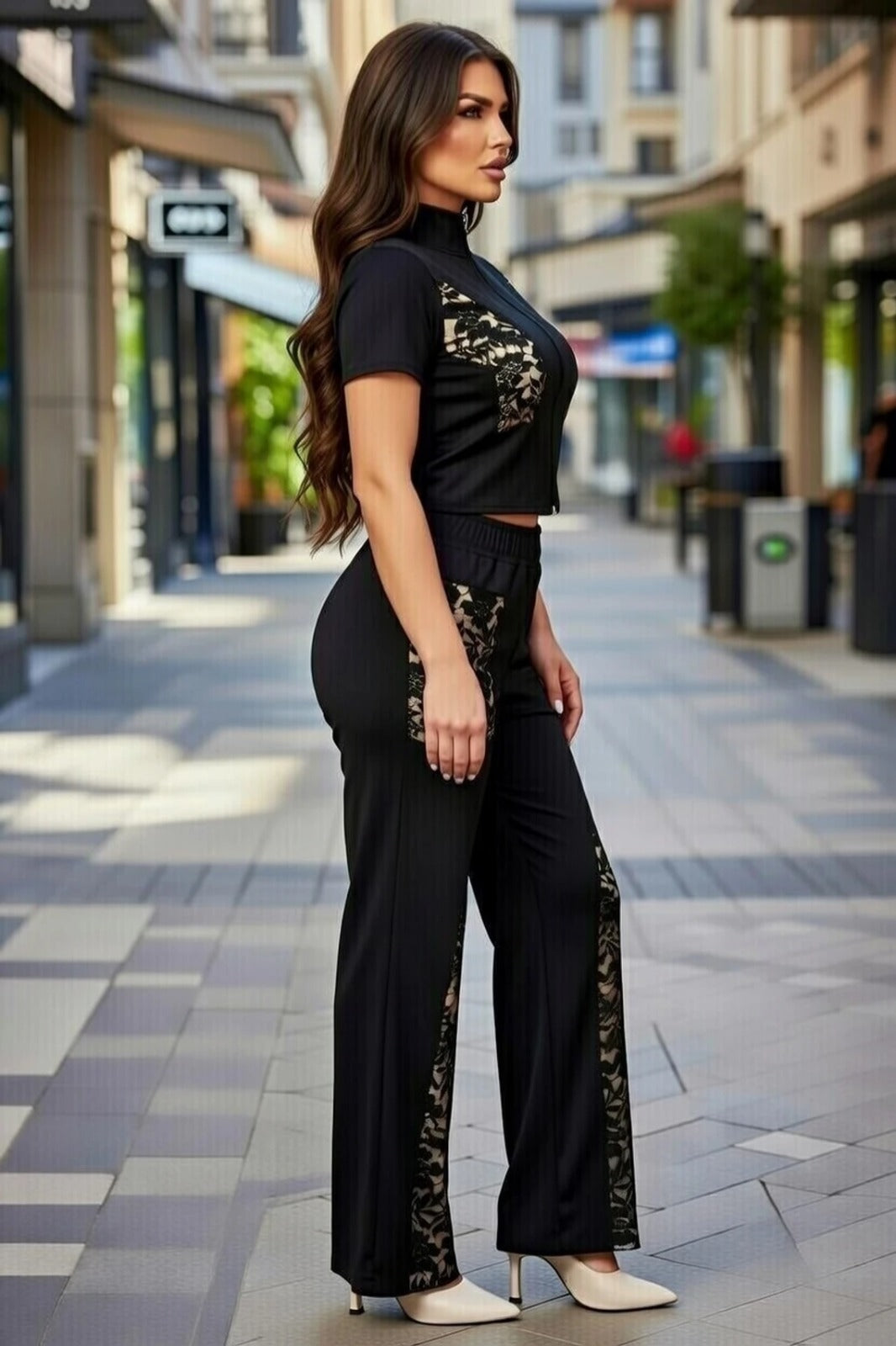 Women’s Black Co-Ord Set with Lace Panels | Stylish Zip Top & Wide Leg Pants