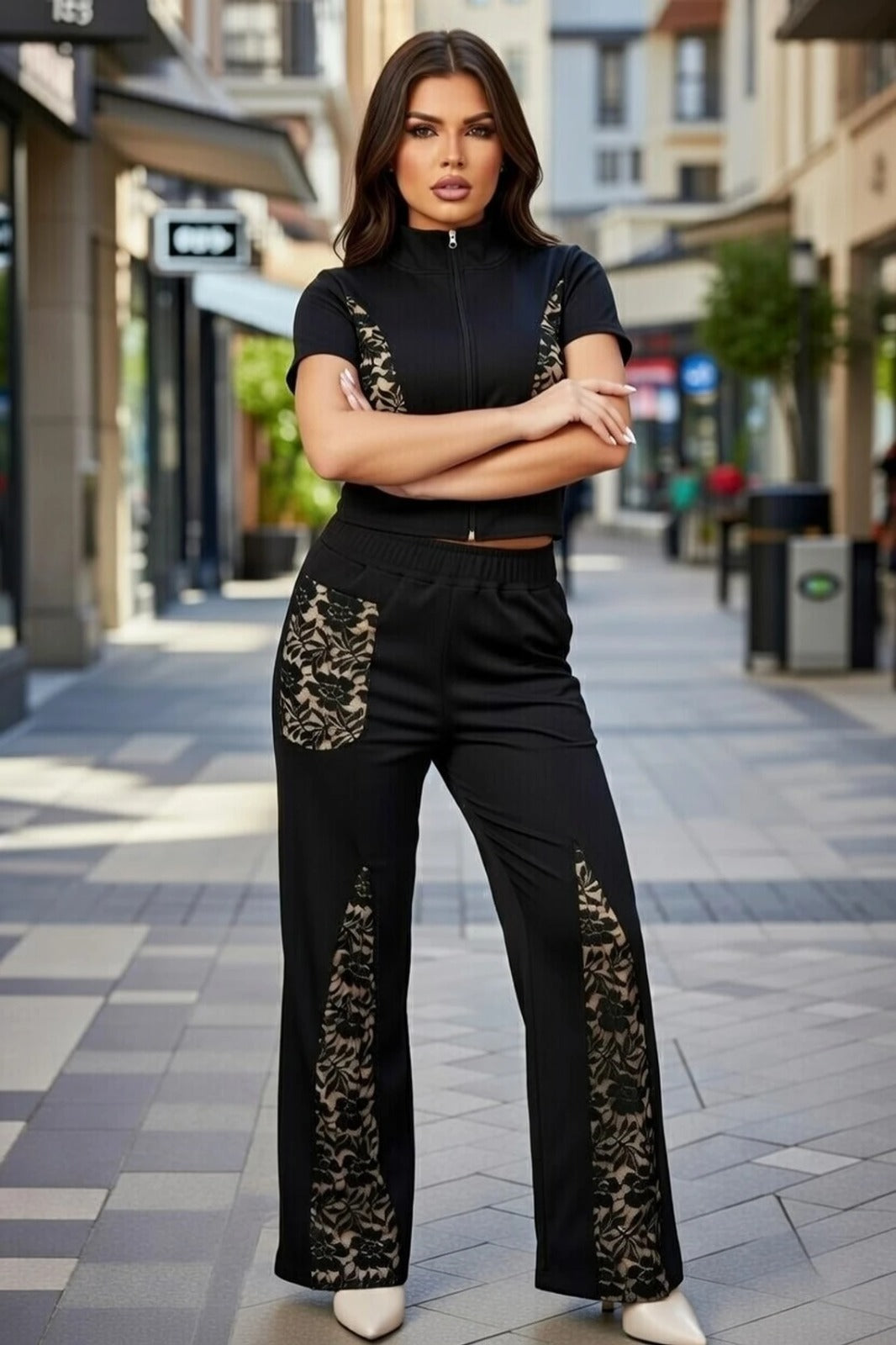 Women’s Black Co-Ord Set with Lace Panels | Stylish Zip Top & Wide Leg Pants