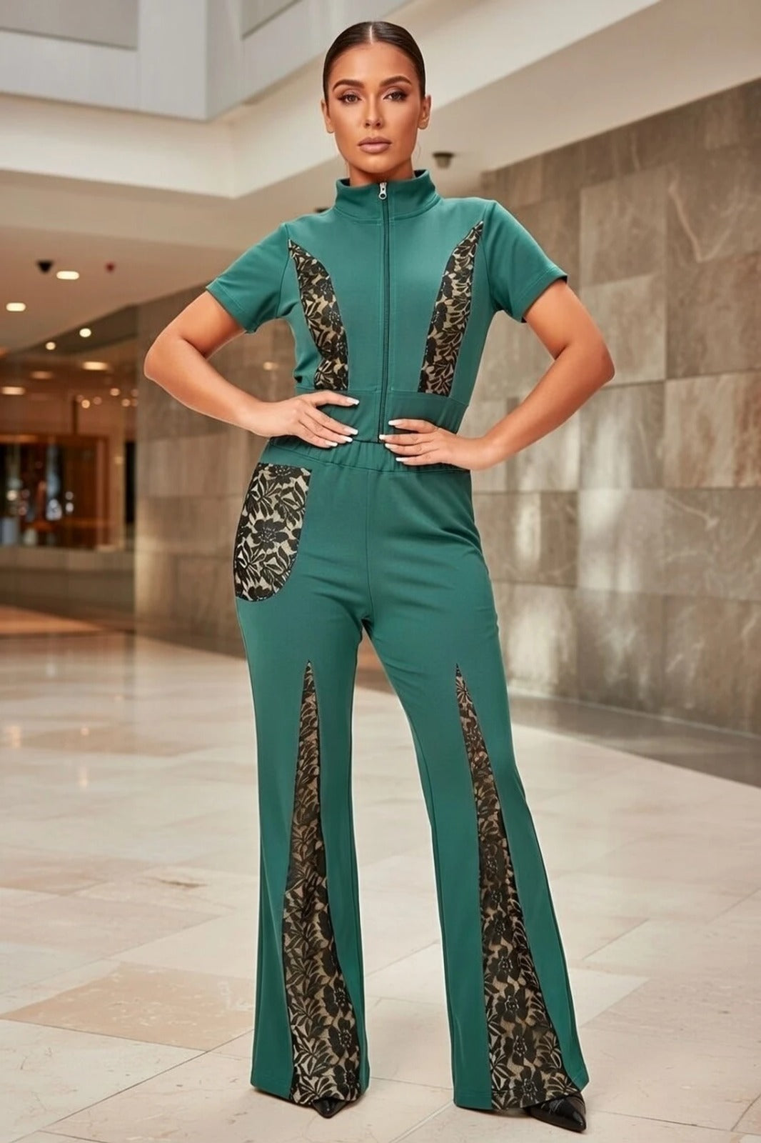 Women’s Black Co-Ord Set with Lace Panels | Stylish Zip Top & Wide Leg Pants