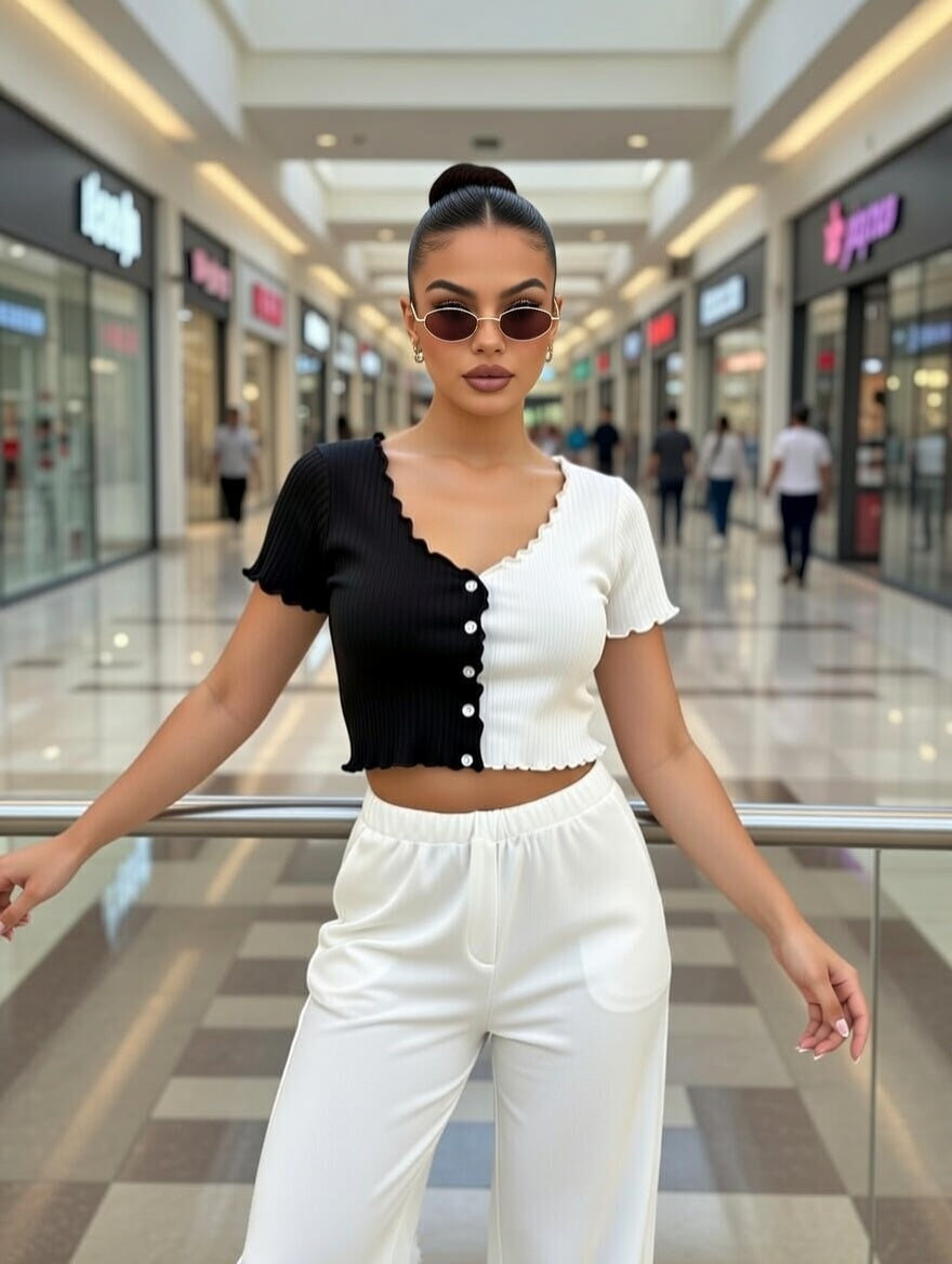 Women's Color Block V Neck Crop Top, Short Sleeve Lettuce Trim Button T-Shirt for Summer