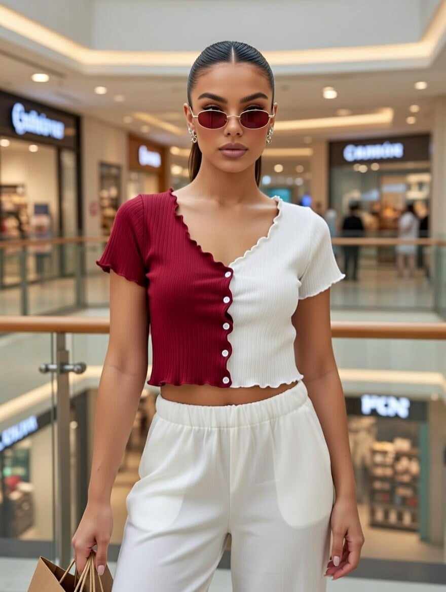 Women's Color Block V Neck Crop Top, Short Sleeve Lettuce Trim Button T-Shirt for Summer