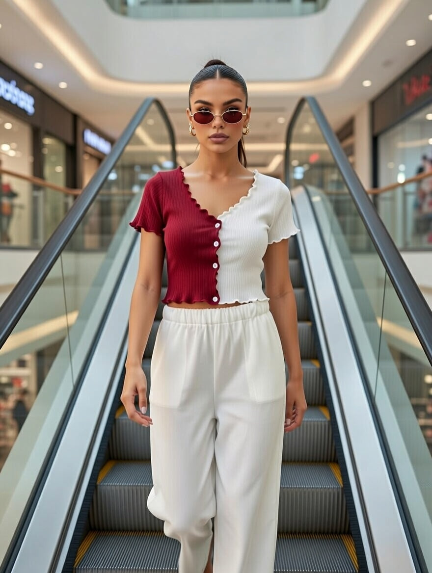 Women's Color Block V Neck Crop Top, Short Sleeve Lettuce Trim Button T-Shirt for Summer