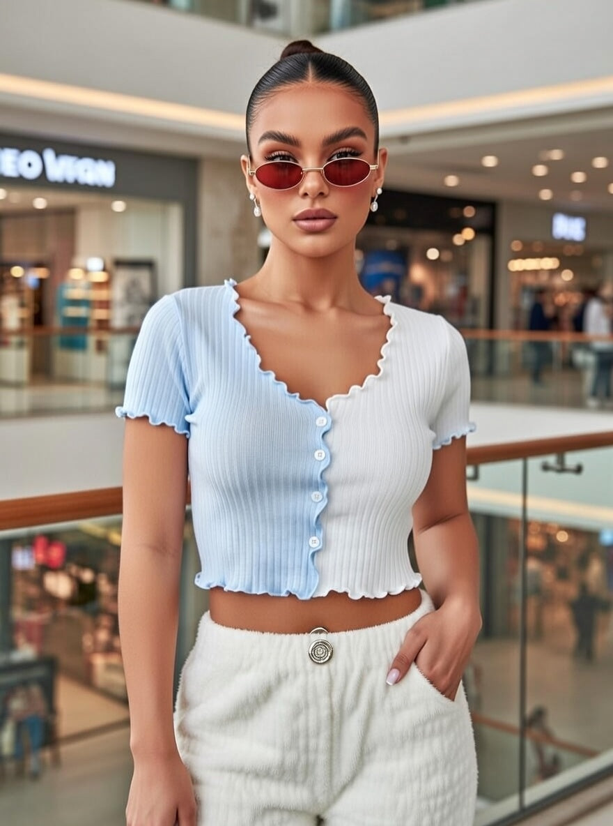 Women's Color Block V Neck Crop Top, Short Sleeve Lettuce Trim Button T-Shirt for Summer