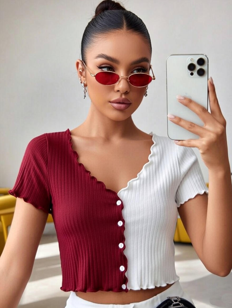 Women's Color Block V Neck Crop Top, Short Sleeve Lettuce Trim Button T-Shirt for Summer