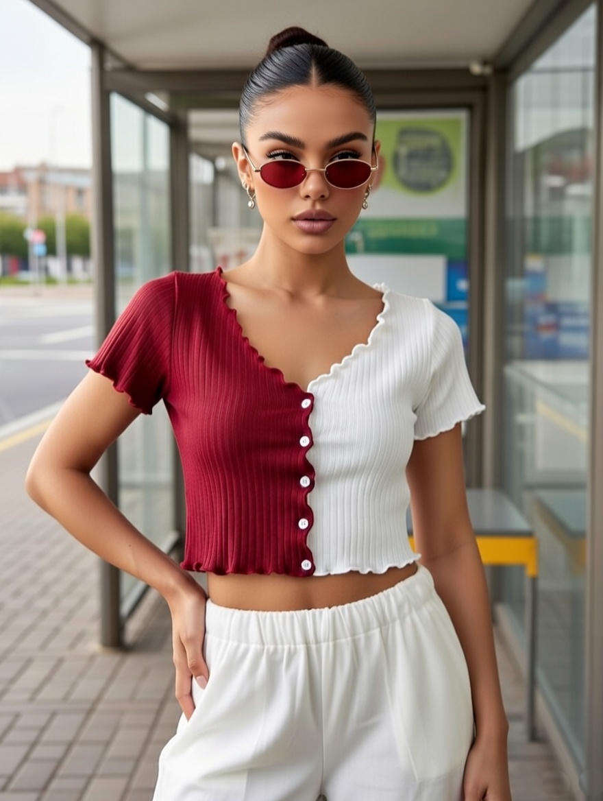 Women's Color Block V Neck Crop Top, Short Sleeve Lettuce Trim Button T-Shirt for Summer