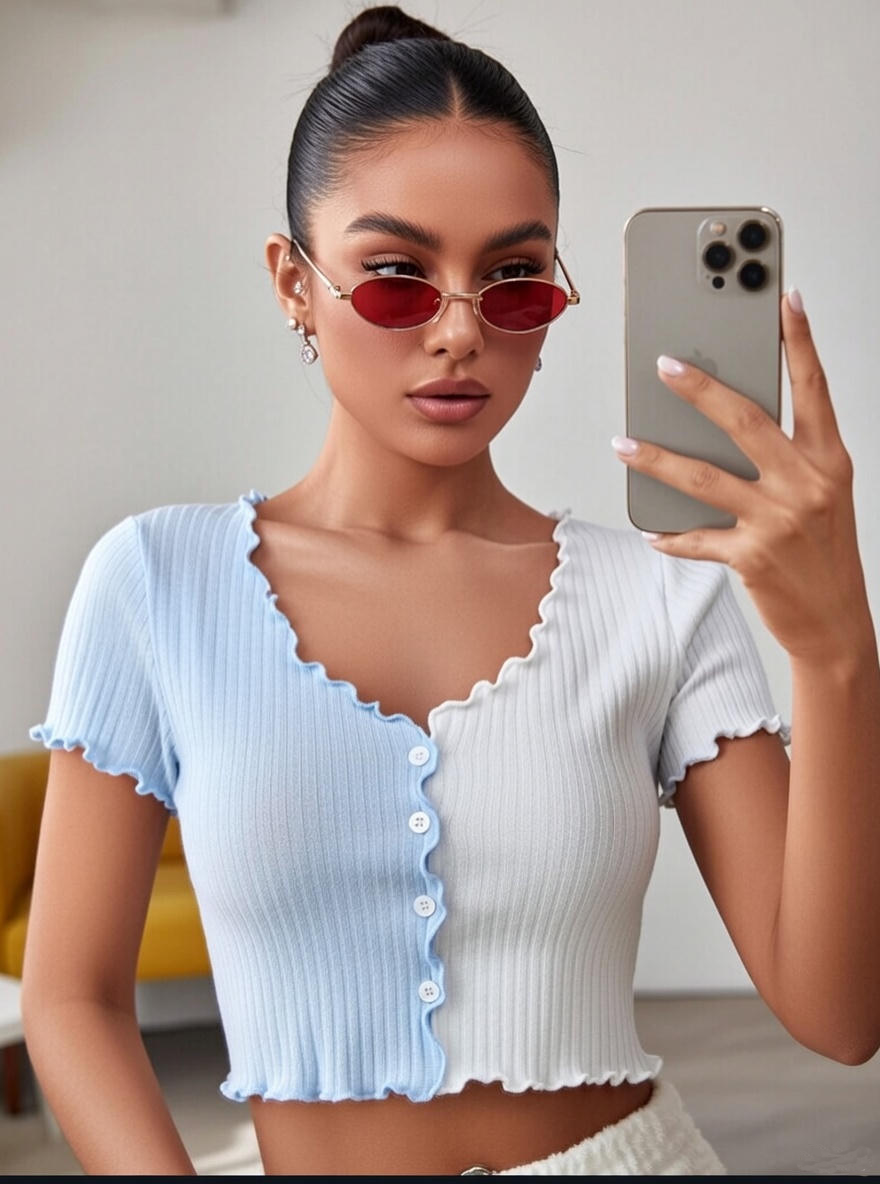 Women's Color Block V Neck Crop Top, Short Sleeve Lettuce Trim Button T-Shirt for Summer