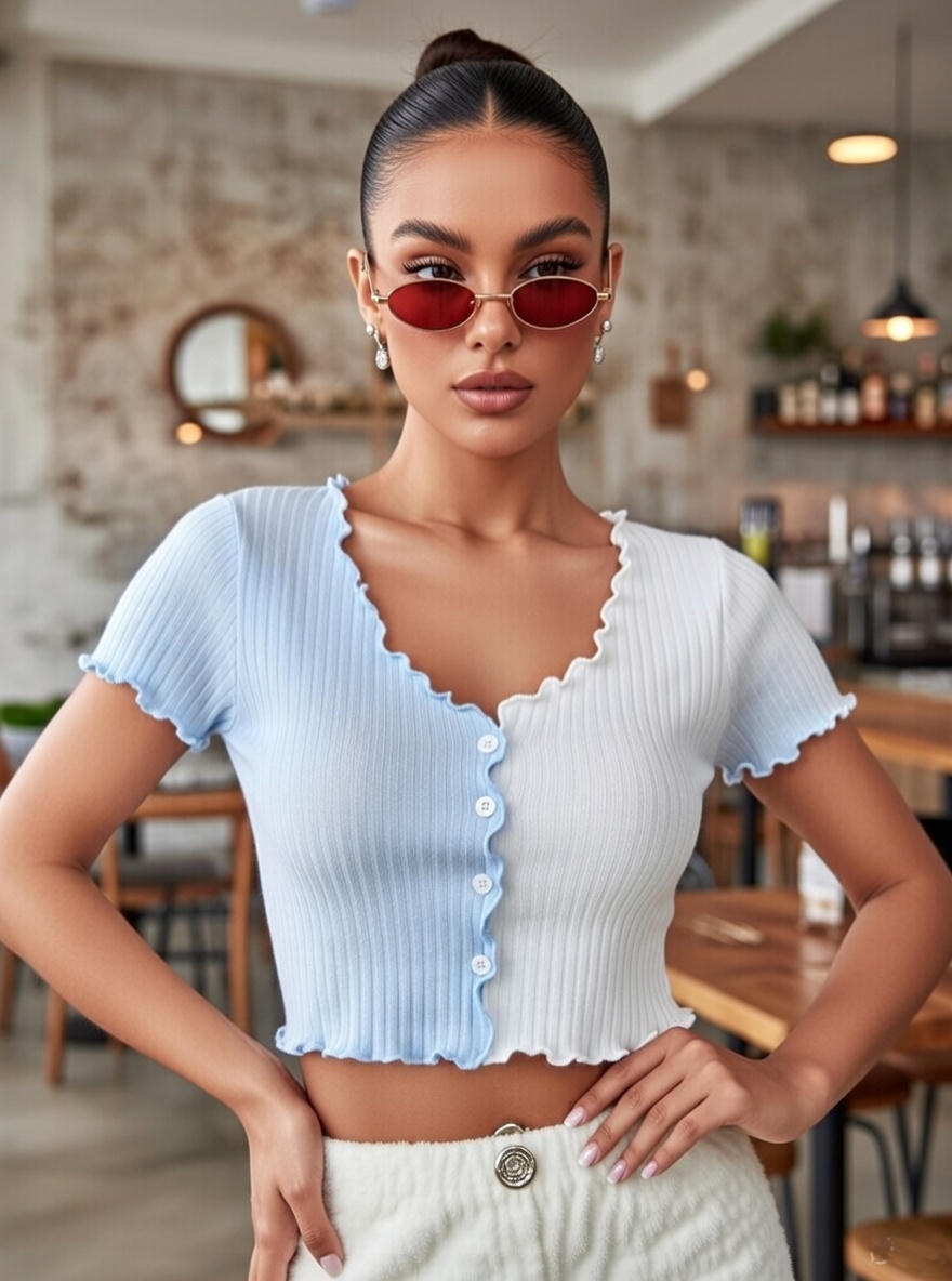 Women's Color Block V Neck Crop Top, Short Sleeve Lettuce Trim Button T-Shirt for Summer