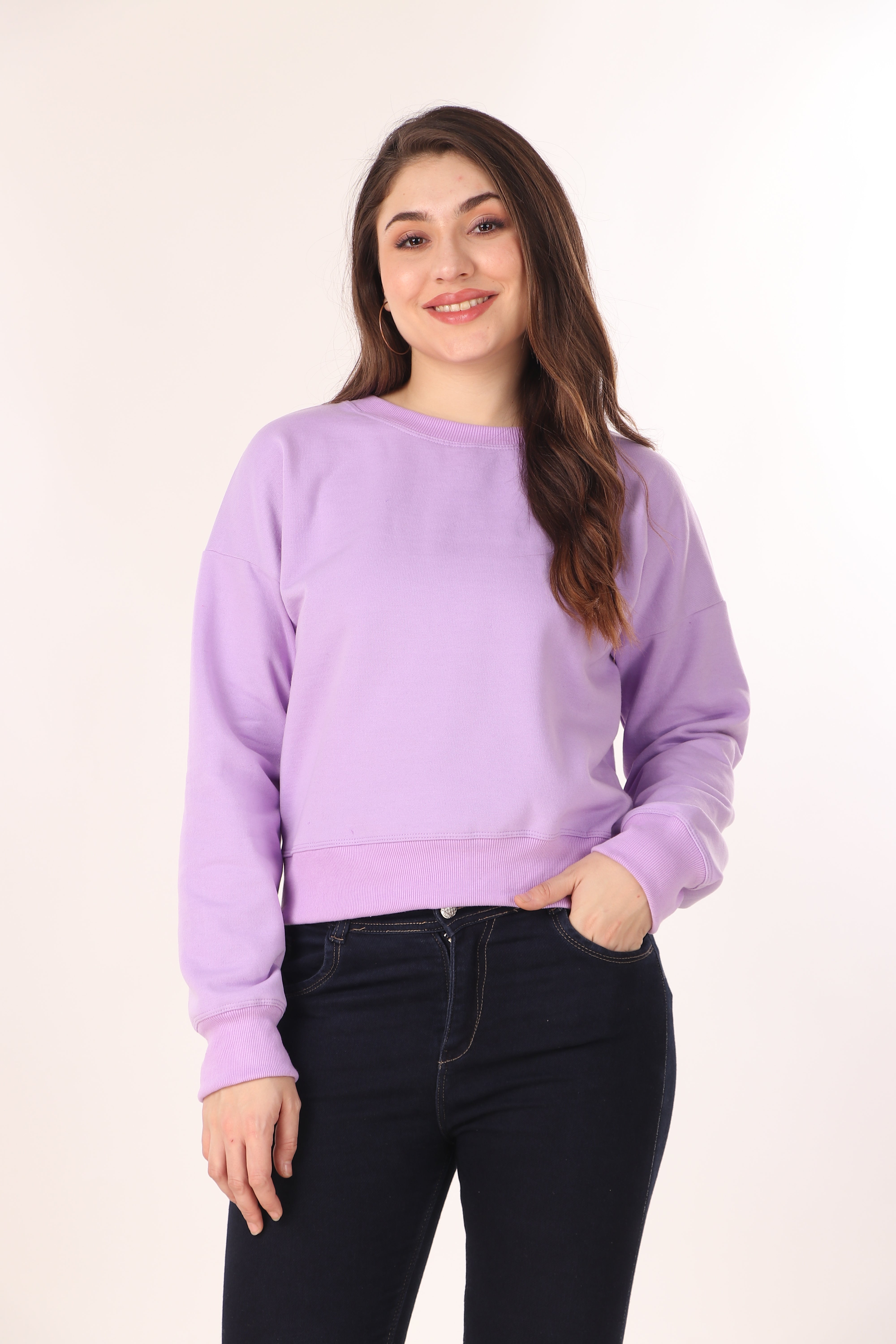 Women's Drop Shoulder Crop Sweatshirt Long Sleeve Pullover, Casual Loose Fit, Soft Cotton Blend