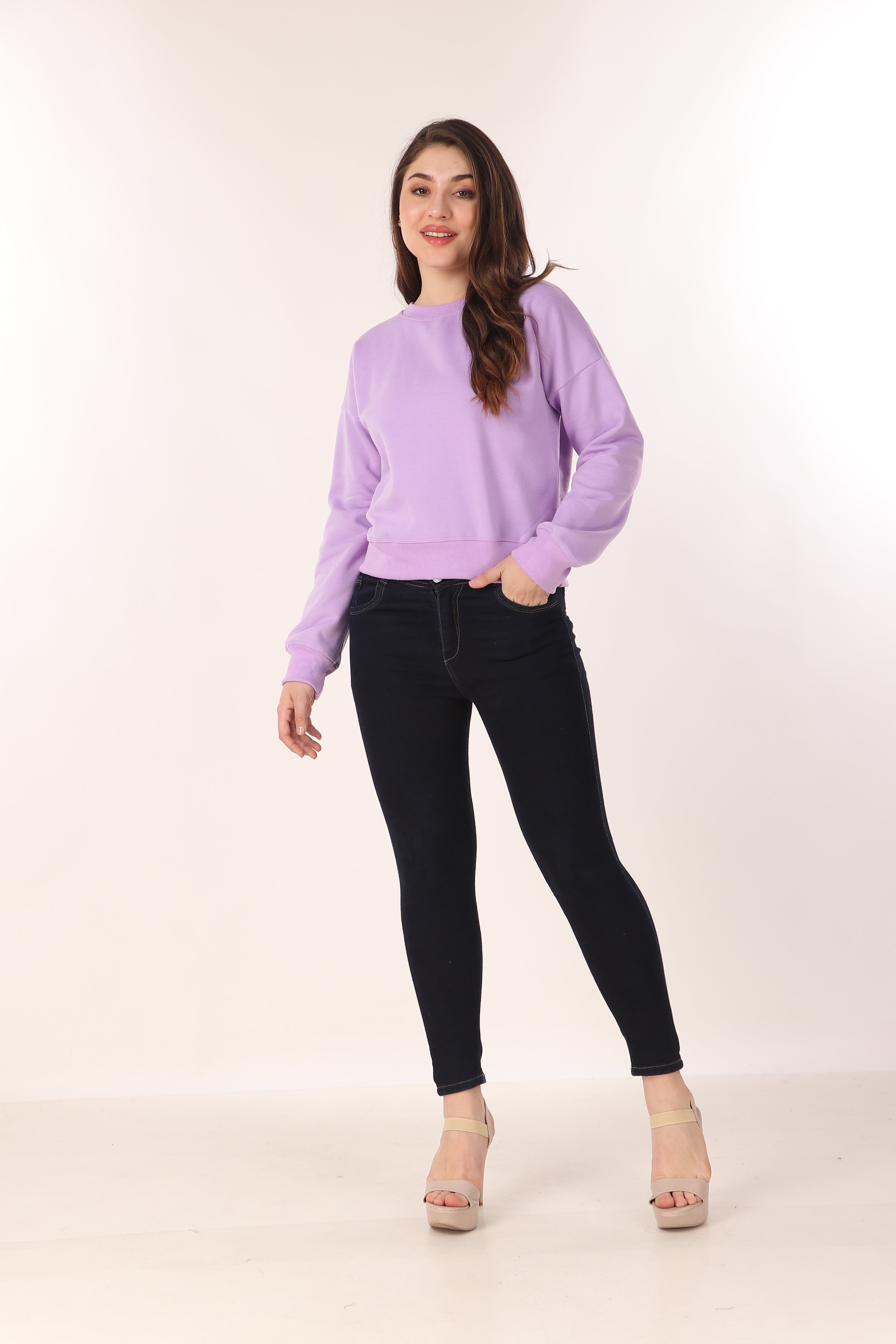 Women's Drop Shoulder Crop Sweatshirt Long Sleeve Pullover, Casual Loose Fit, Soft Cotton Blend